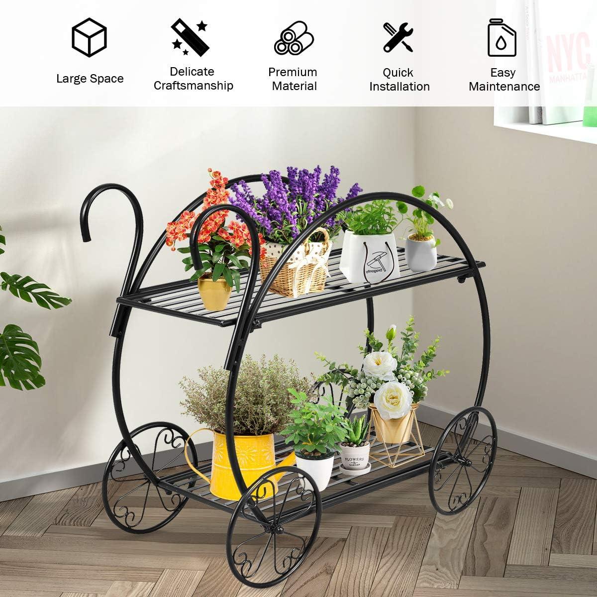 image:imageGiantex Garden Cart Metal Plant Stand with 4 Decorative Wheels Succulent Collection Flower Pot Holder Display Shelf for Home Patio Garden Flower Shop Parisian Style Plant Potted Rack 2Tier
