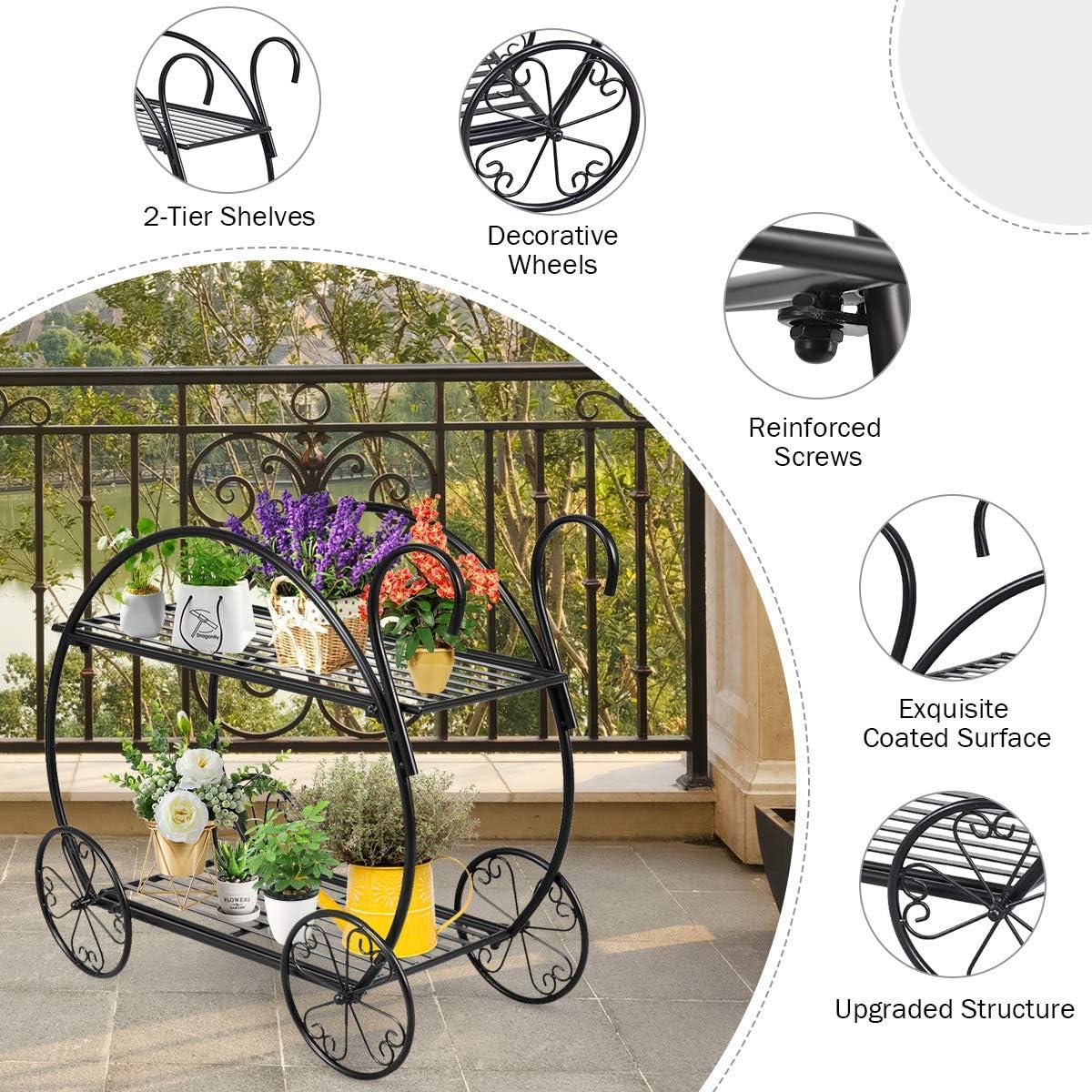image:imageGiantex Garden Cart Metal Plant Stand with 4 Decorative Wheels Succulent Collection Flower Pot Holder Display Shelf for Home Patio Garden Flower Shop Parisian Style Plant Potted Rack 2Tier