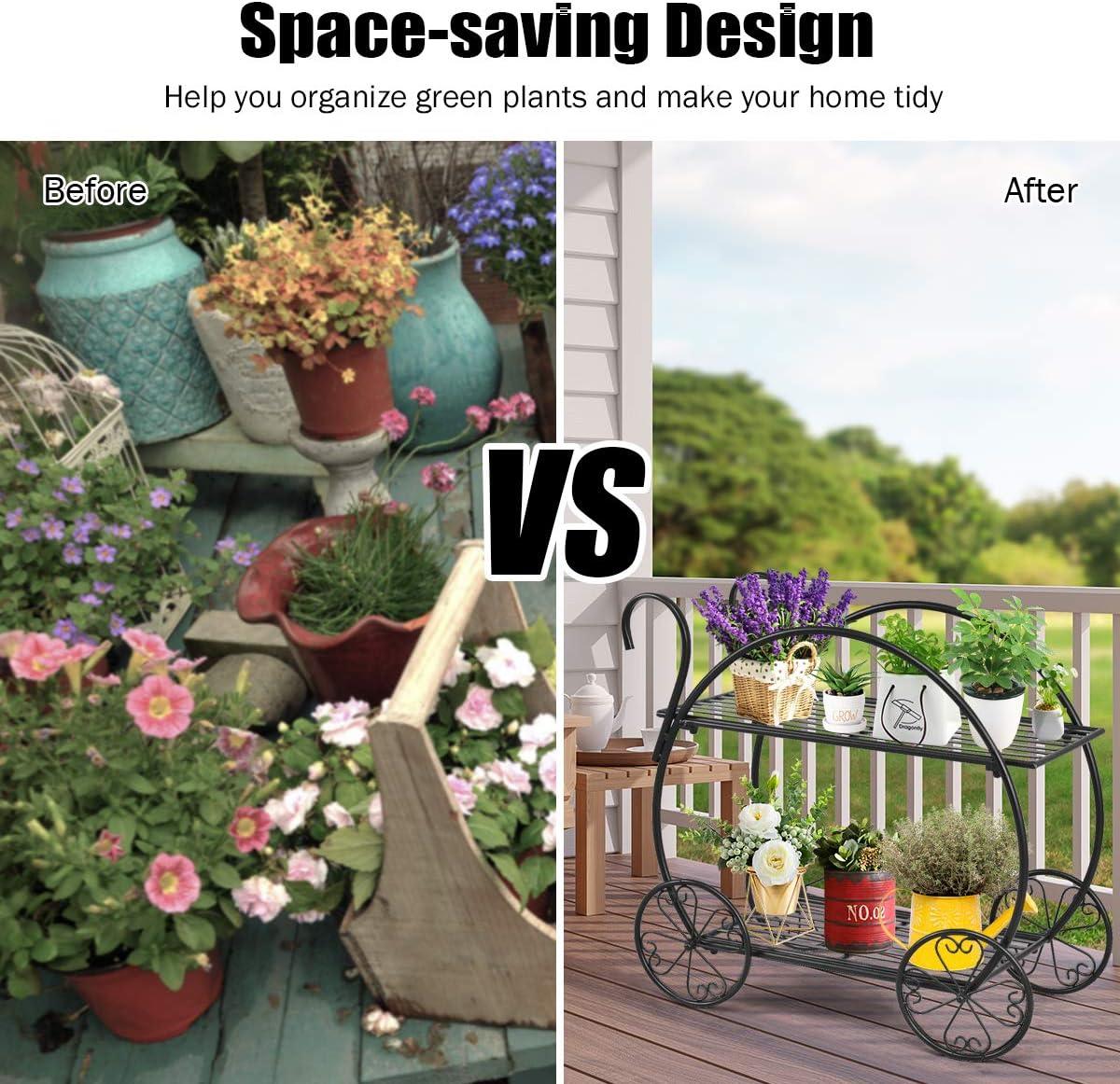image:imageGiantex Garden Cart Metal Plant Stand with 4 Decorative Wheels Succulent Collection Flower Pot Holder Display Shelf for Home Patio Garden Flower Shop Parisian Style Plant Potted Rack 2Tier