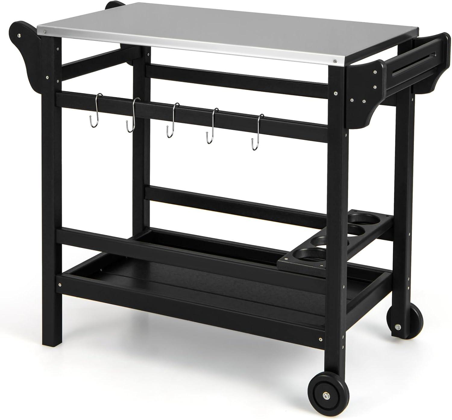 image:imageGiantex Grill Cart Pizza Oven Stand HDPE Outdoor Prep Table Stainless Steel Top Storage Shelf 4Bottle Wine Rack 5 Hooks Movable Dinning Cart Cooking Table with Wheels for BBQ Party Camping