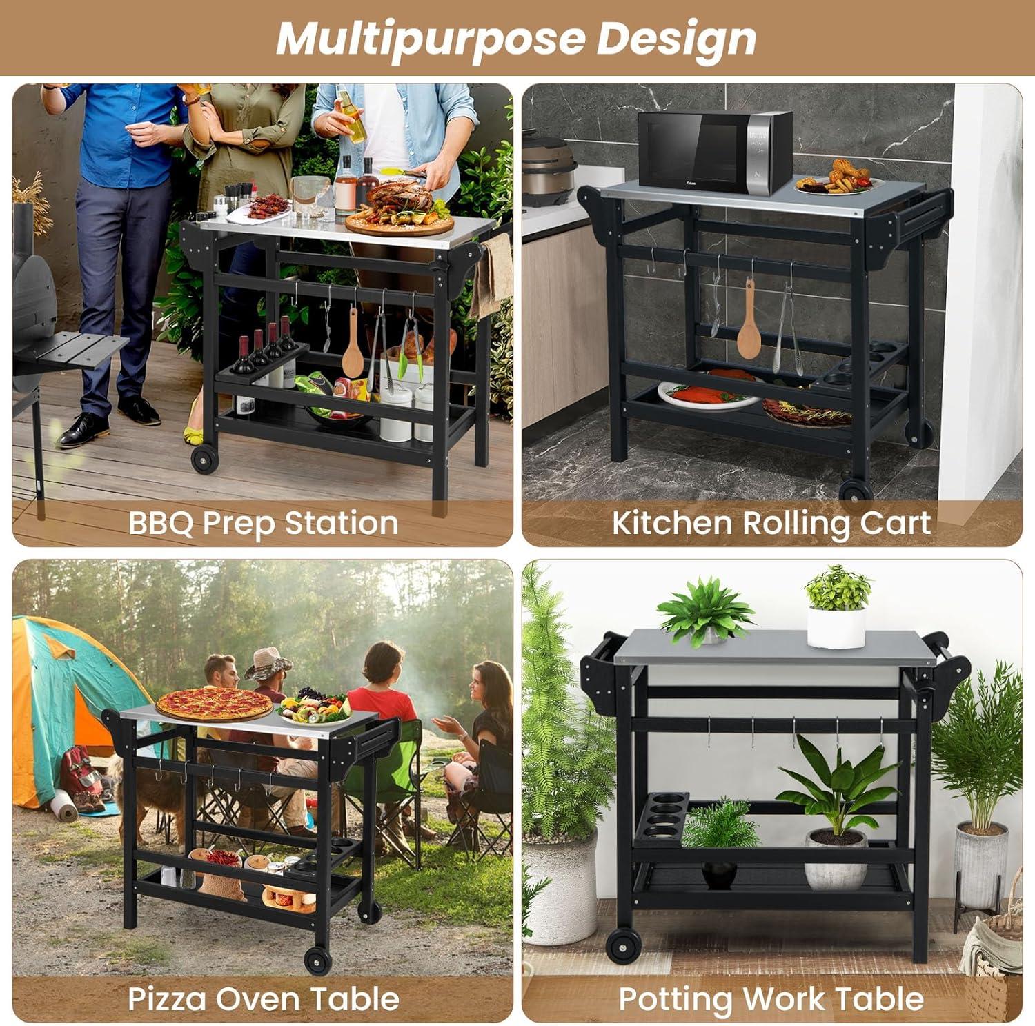 image:imageGiantex Grill Cart Pizza Oven Stand HDPE Outdoor Prep Table Stainless Steel Top Storage Shelf 4Bottle Wine Rack 5 Hooks Movable Dinning Cart Cooking Table with Wheels for BBQ Party Camping
