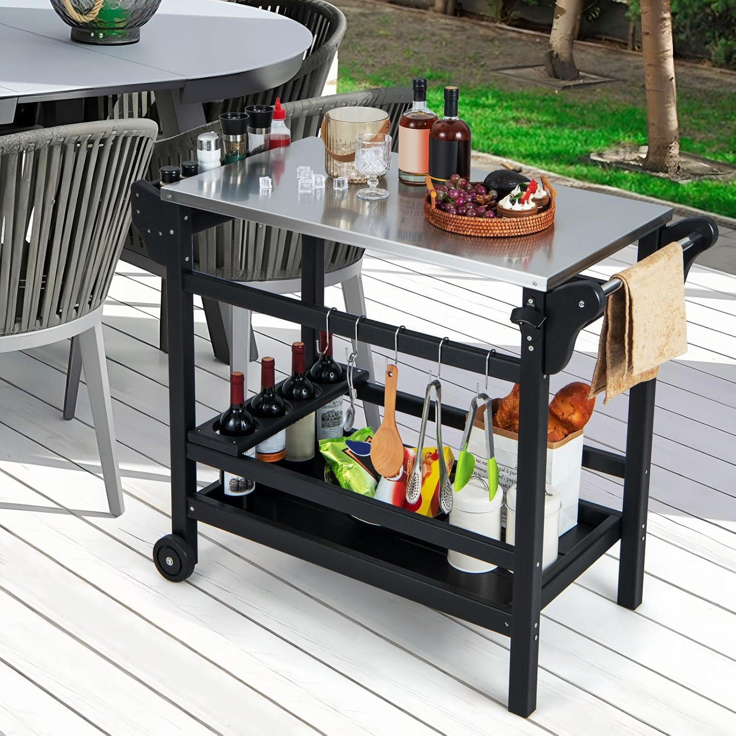 image:imageGiantex Grill Cart Pizza Oven Stand HDPE Outdoor Prep Table Stainless Steel Top Storage Shelf 4Bottle Wine Rack 5 Hooks Movable Dinning Cart Cooking Table with Wheels for BBQ Party Camping