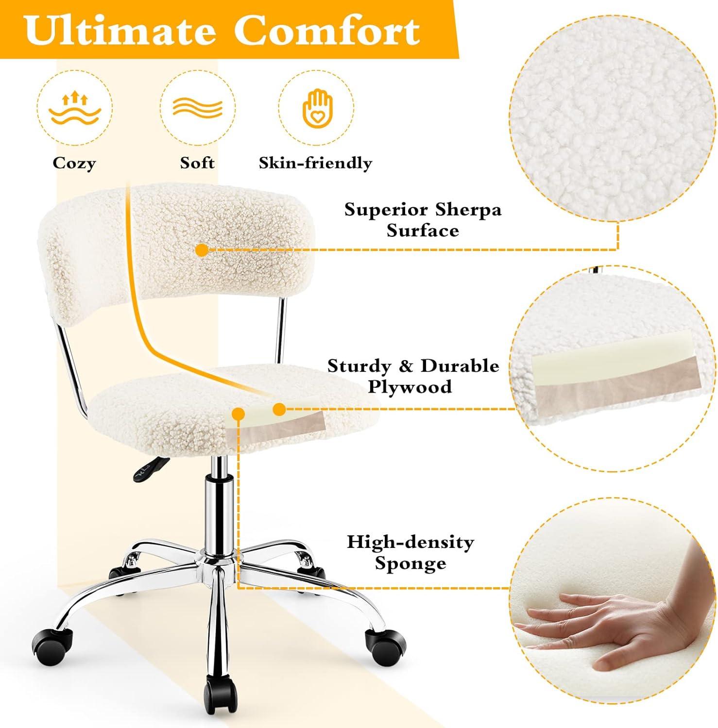 image:imageGiantex Home Office Chair Faux Fur Low Back Swivel Leisure Chair wHeight Adjustable Padded Seat Rolling Armless Vanity Chair wGalvanized Steel Frame for Bedroom Study Guest Room WhiteWhite