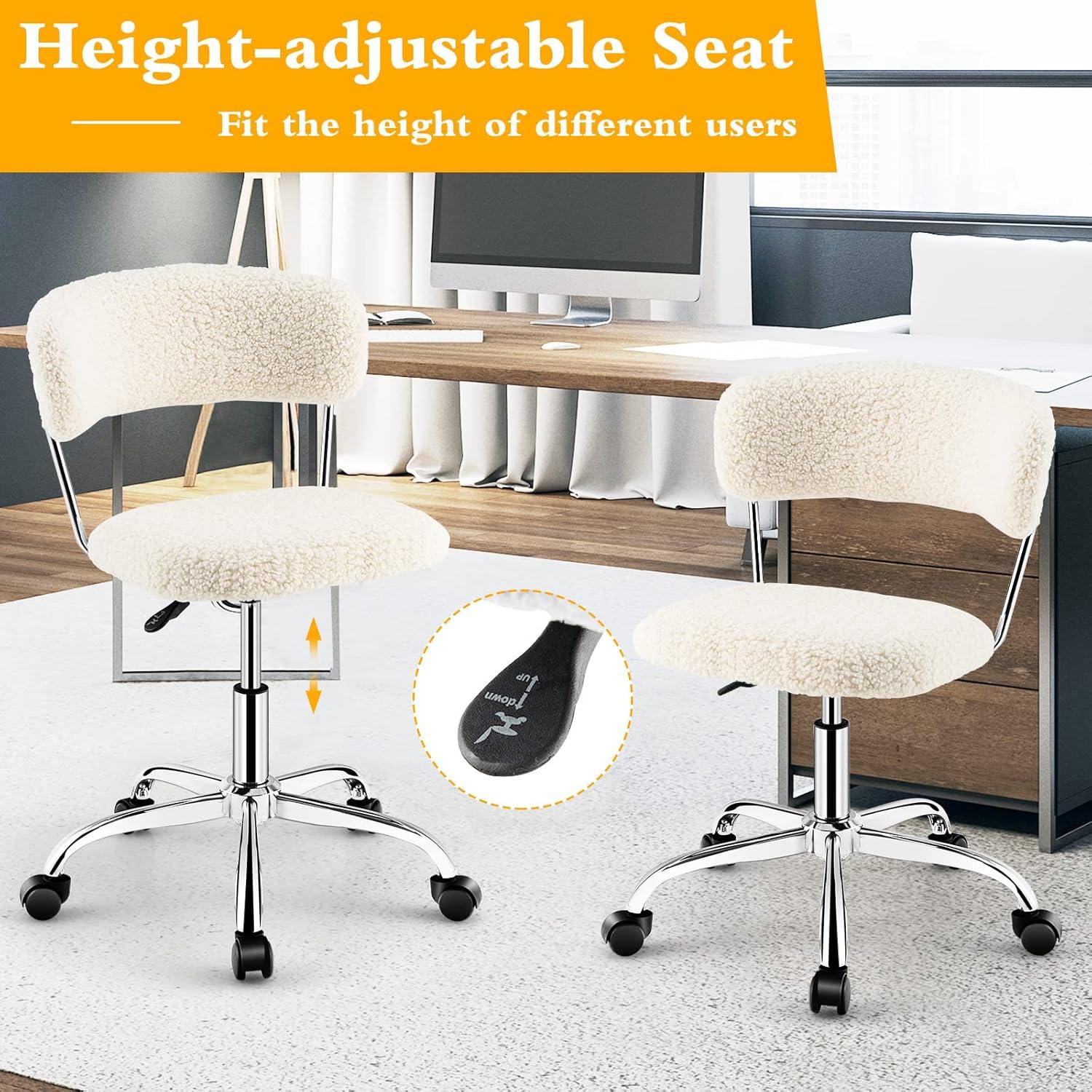 image:imageGiantex Home Office Chair Faux Fur Low Back Swivel Leisure Chair wHeight Adjustable Padded Seat Rolling Armless Vanity Chair wGalvanized Steel Frame for Bedroom Study Guest Room WhiteWhite