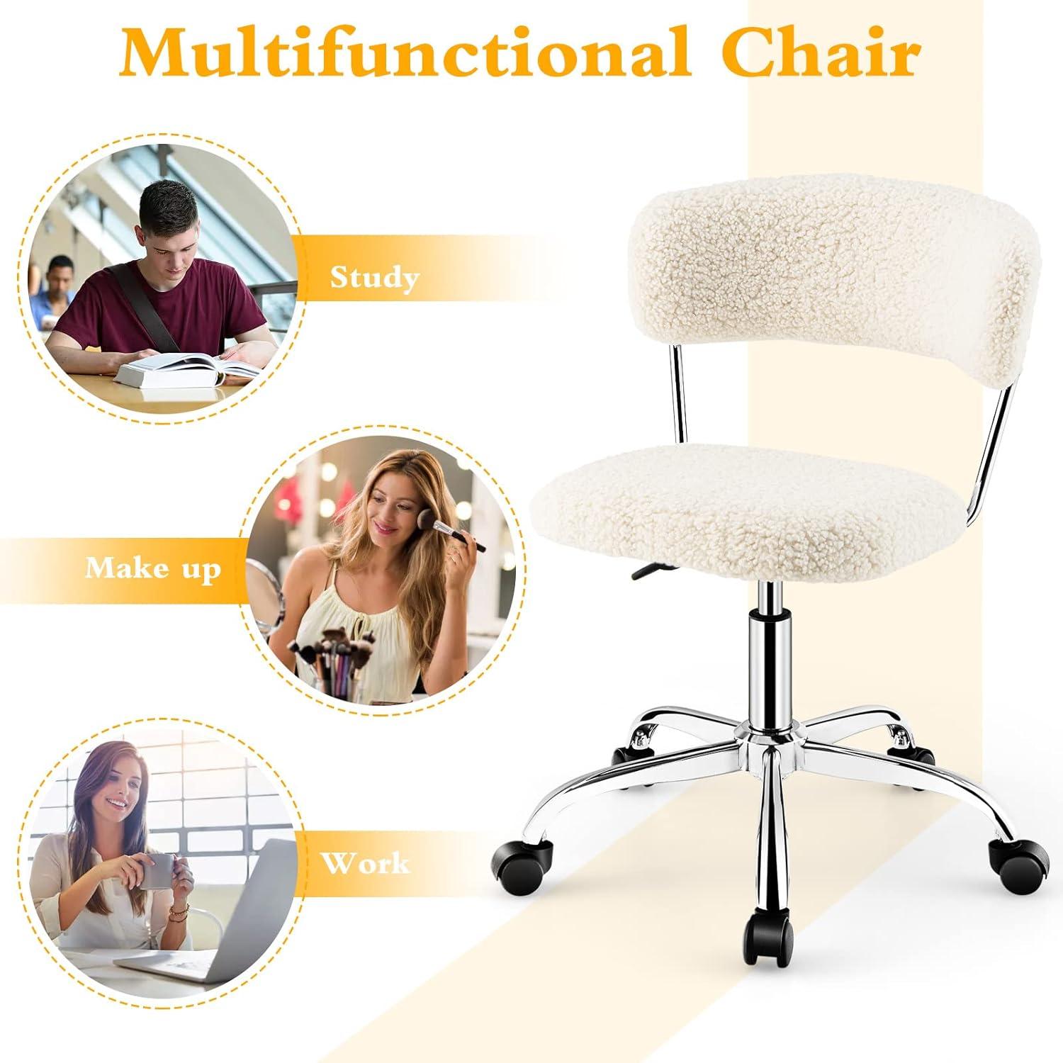 image:imageGiantex Home Office Chair Faux Fur Low Back Swivel Leisure Chair wHeight Adjustable Padded Seat Rolling Armless Vanity Chair wGalvanized Steel Frame for Bedroom Study Guest Room WhiteWhite