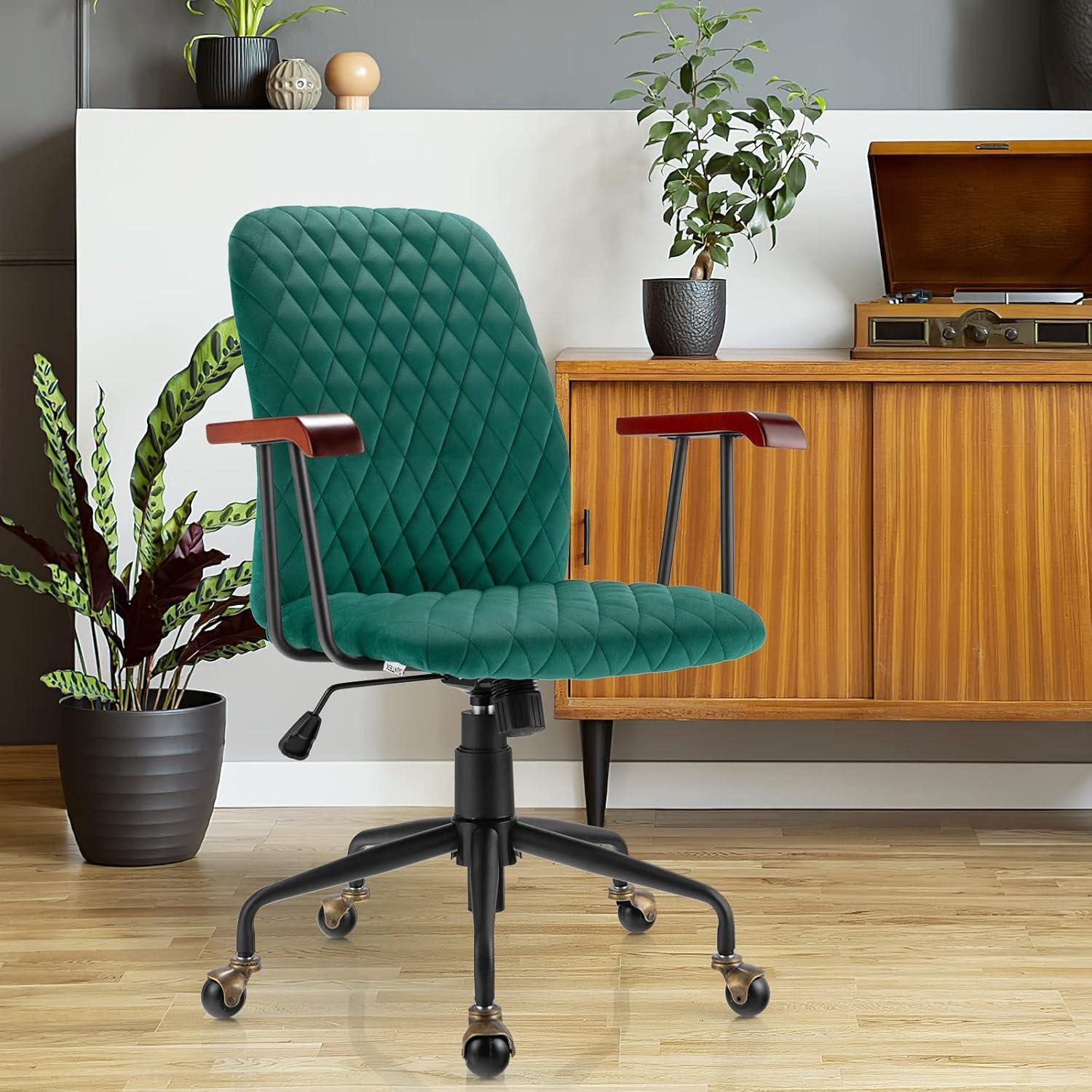 image:imageGiantex Home Office Desk Chair Green Vintage Adjustable Swivel Rolling Chair with Copper Wheels amp Armrest Mid Century Leisure Chair Velvet Upholstered Computer Chair for Work StudyGreen