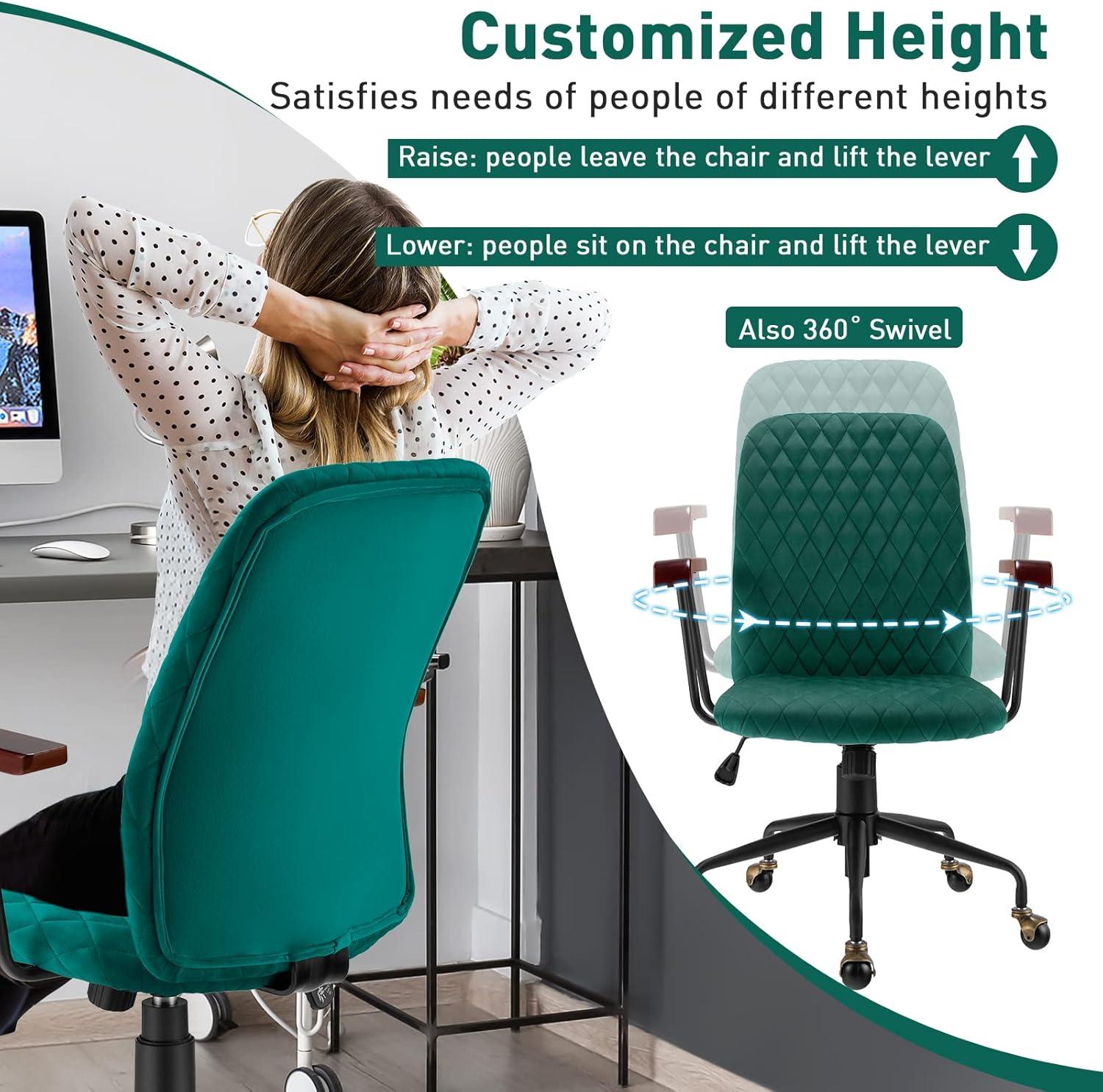 image:imageGiantex Home Office Desk Chair Green Vintage Adjustable Swivel Rolling Chair with Copper Wheels amp Armrest Mid Century Leisure Chair Velvet Upholstered Computer Chair for Work StudyGreen