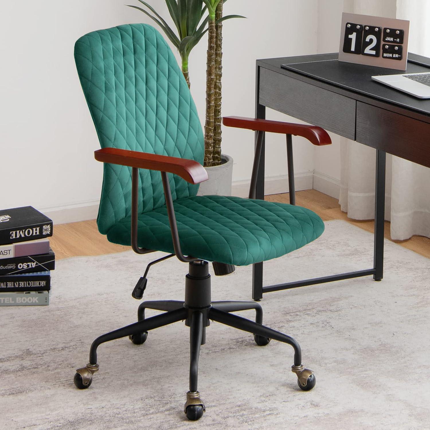 image:imageGiantex Home Office Desk Chair Green Vintage Adjustable Swivel Rolling Chair with Copper Wheels amp Armrest Mid Century Leisure Chair Velvet Upholstered Computer Chair for Work StudyGreen