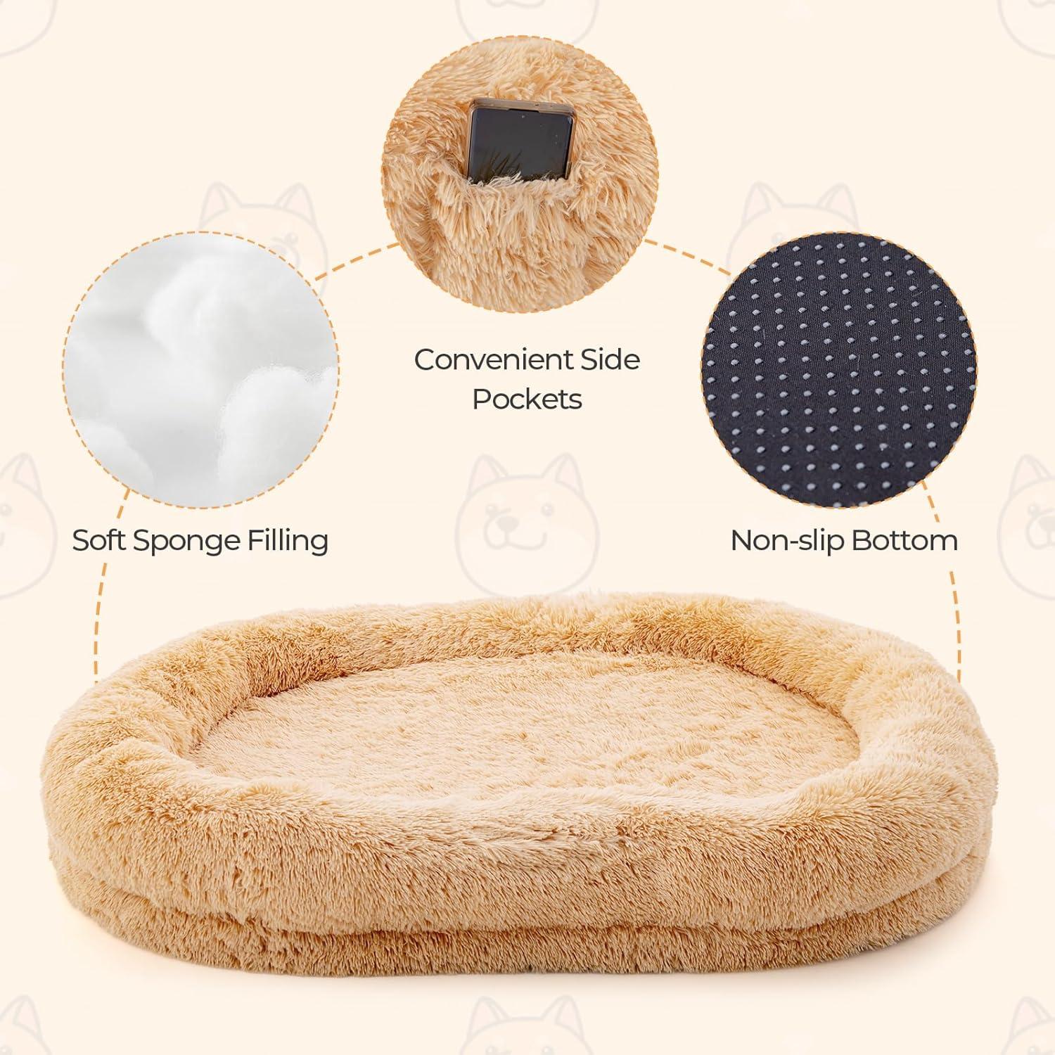 image:imageGiantex Human Dog Bed 71 x 45 Large Human Size Dog Bed for Adult Orthopedic Egg Crate Foam Washable Faux Fur Bed Cover Blanket Pillow for Pets and People Doze Off Napping BrownBrown