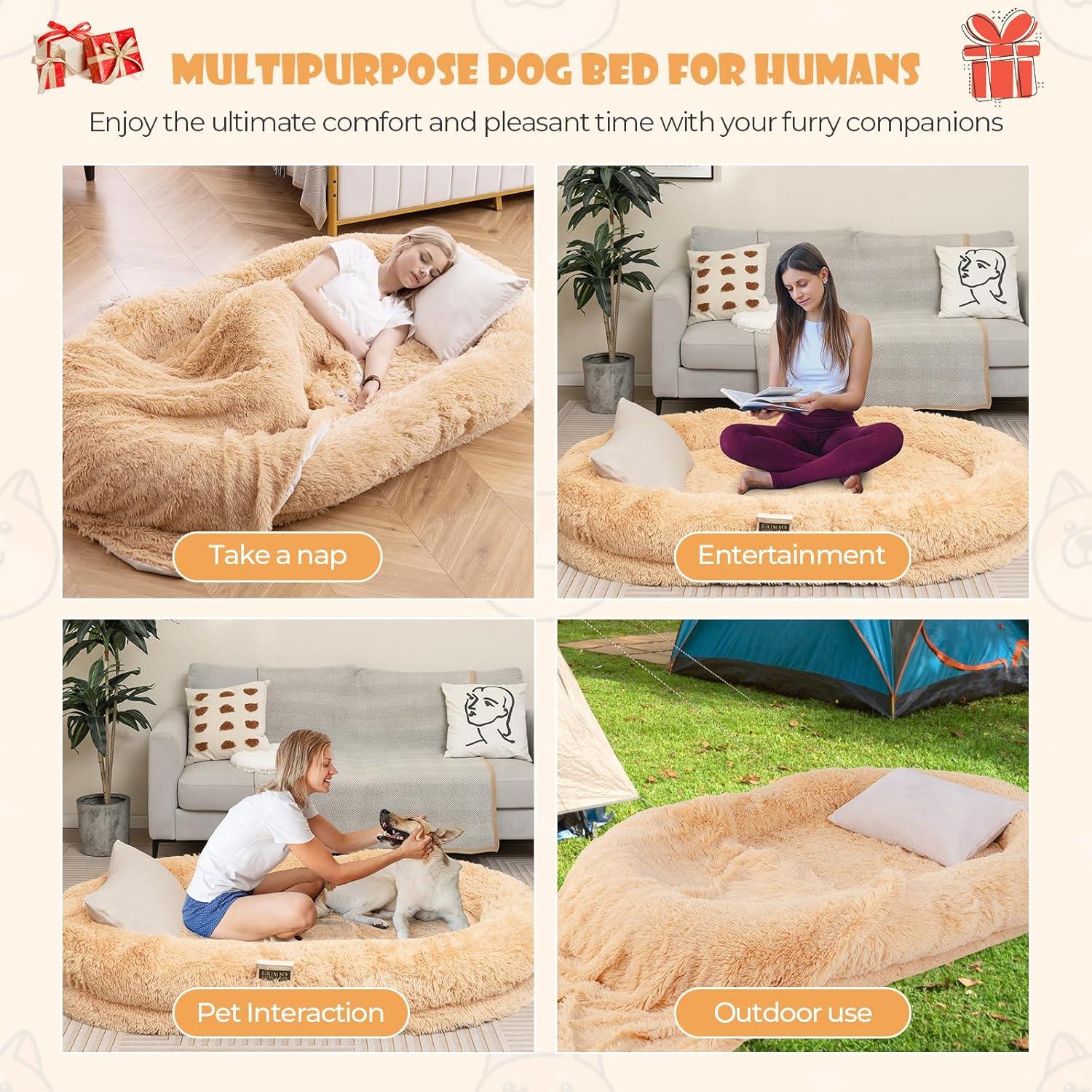 image:imageGiantex Human Dog Bed 71 x 45 Large Human Size Dog Bed for Adult Orthopedic Egg Crate Foam Washable Faux Fur Bed Cover Blanket Pillow for Pets and People Doze Off Napping BrownBrown