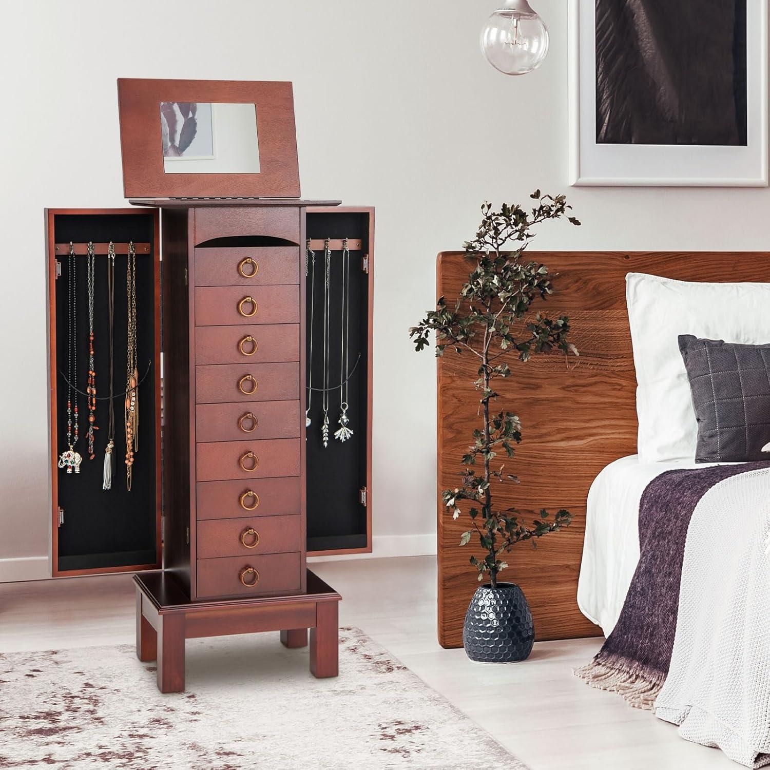 image:imageGiantex Jewelry Cabinet Armoire with 9 Drawers 2 Side Doors 8 Necklace Hooks Top Divided Storage Compartments Makeup Mirror Large Standing Jewelry Chest Organizer Box