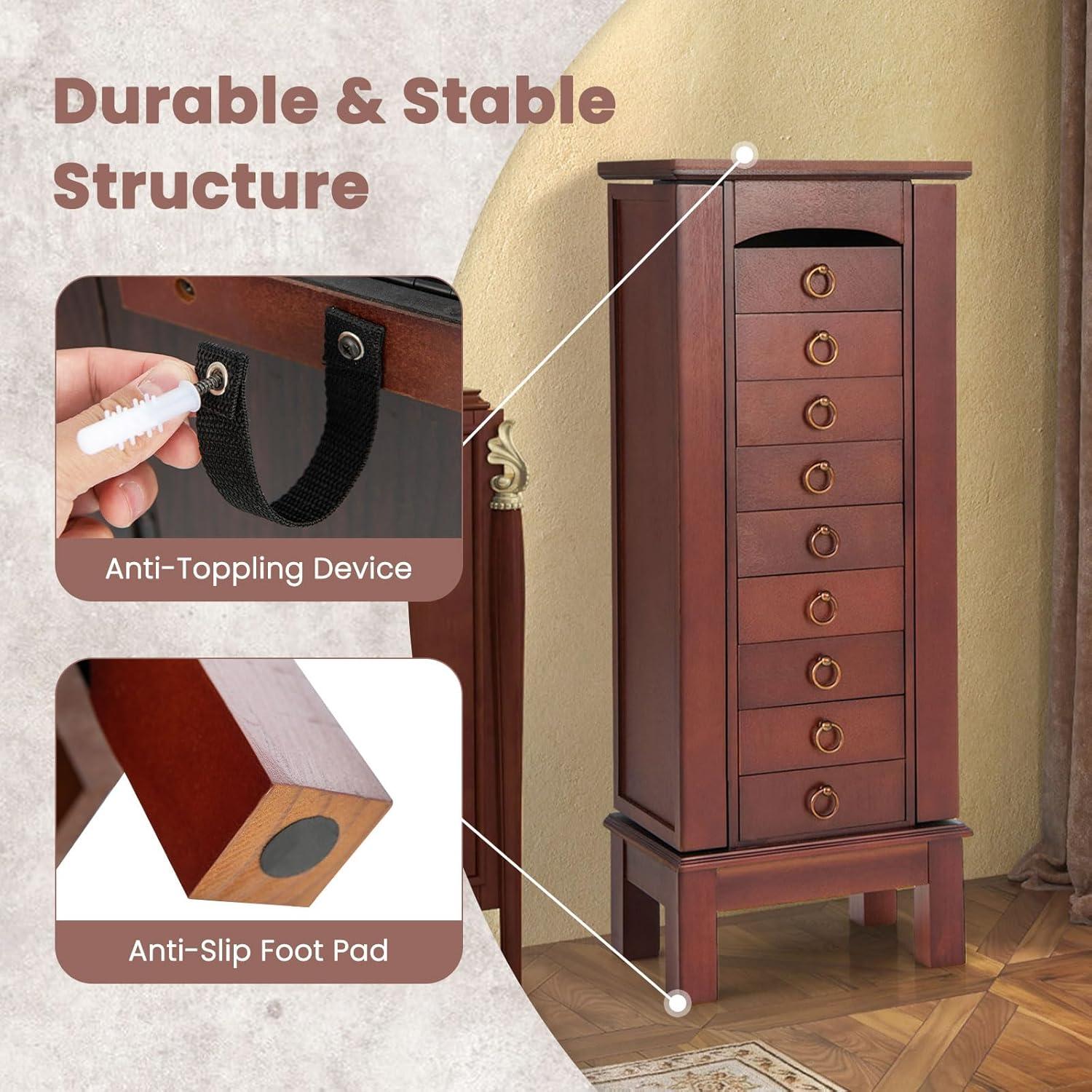 image:imageGiantex Jewelry Cabinet Armoire with 9 Drawers 2 Side Doors 8 Necklace Hooks Top Divided Storage Compartments Makeup Mirror Large Standing Jewelry Chest Organizer Box