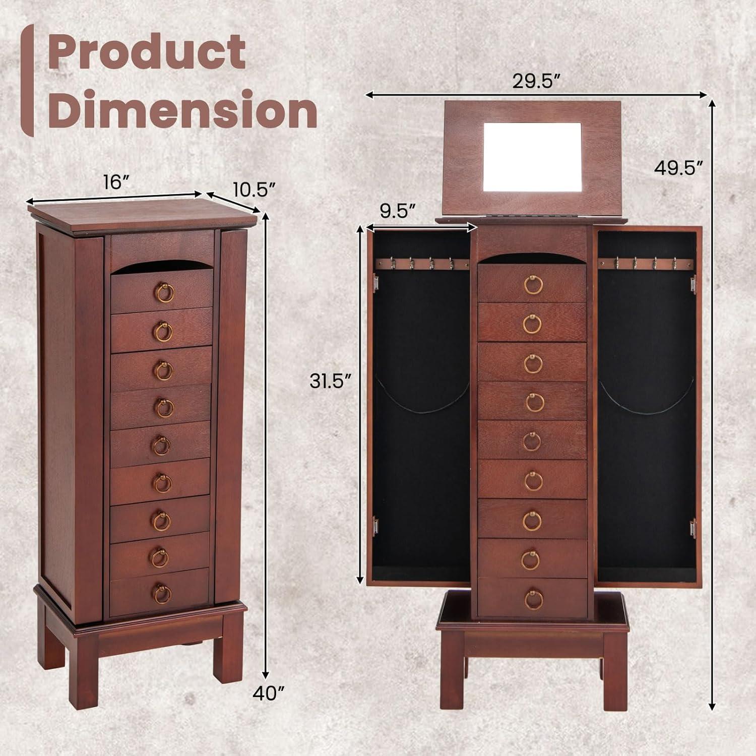 image:imageGiantex Jewelry Cabinet Armoire with 9 Drawers 2 Side Doors 8 Necklace Hooks Top Divided Storage Compartments Makeup Mirror Large Standing Jewelry Chest Organizer Box