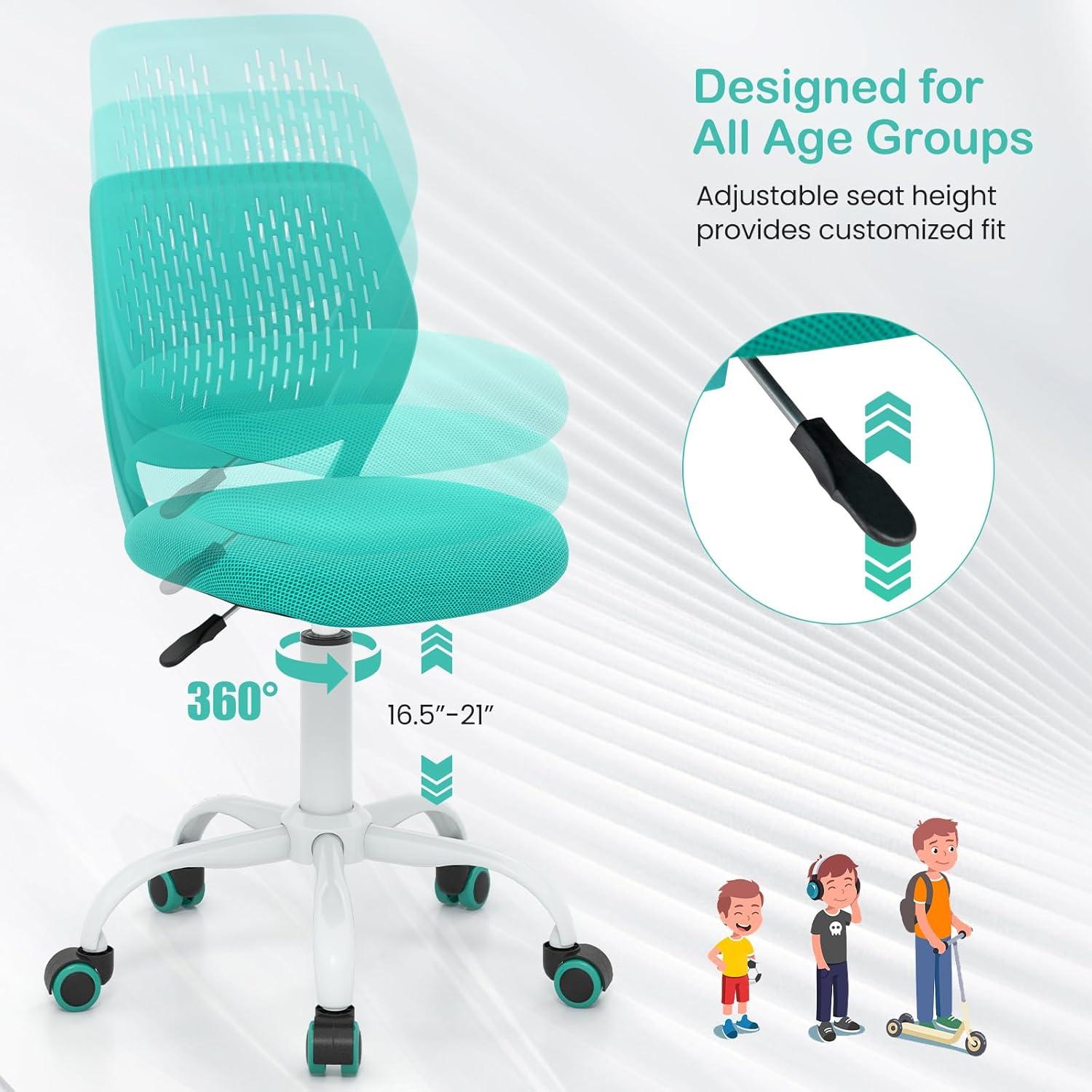 image:imageGiantex Kids Desk Chair Adjustable Children Study Chair Swivel Armless Mesh Task Student Chair Child Desk Chair with Adjustable Height amp Lumbar Support Computer Chair BlueTurquoise