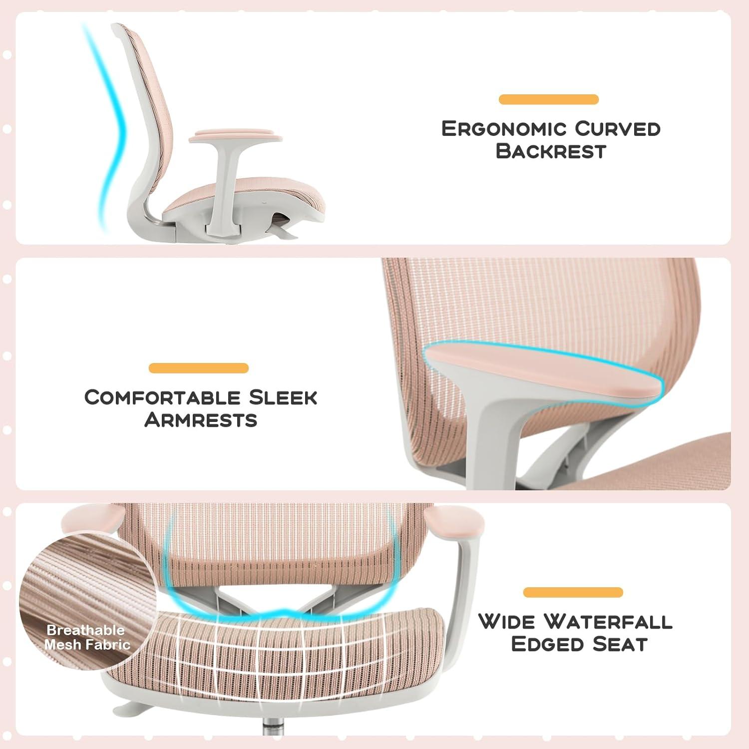image:imageGiantex Kids Desk Chair Children Armrest Computer Chair with SitLock Wheels Ergonomic Kids Office Chair with Waterfall Seat Rolling Swivel Mesh Study Desk Chair for Girls Boys PurplePink