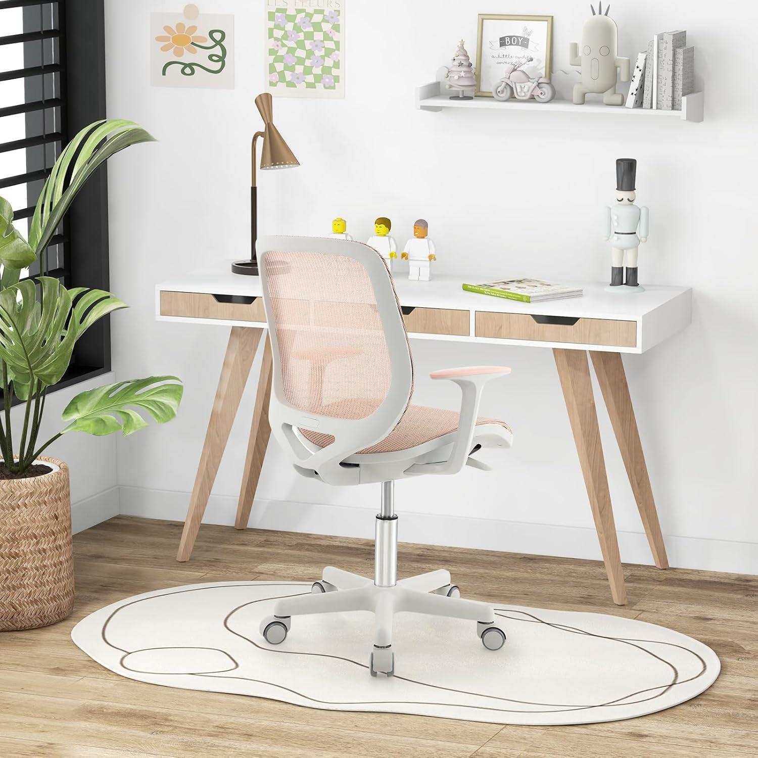 image:imageGiantex Kids Desk Chair Children Armrest Computer Chair with SitLock Wheels Ergonomic Kids Office Chair with Waterfall Seat Rolling Swivel Mesh Study Desk Chair for Girls Boys PurplePink