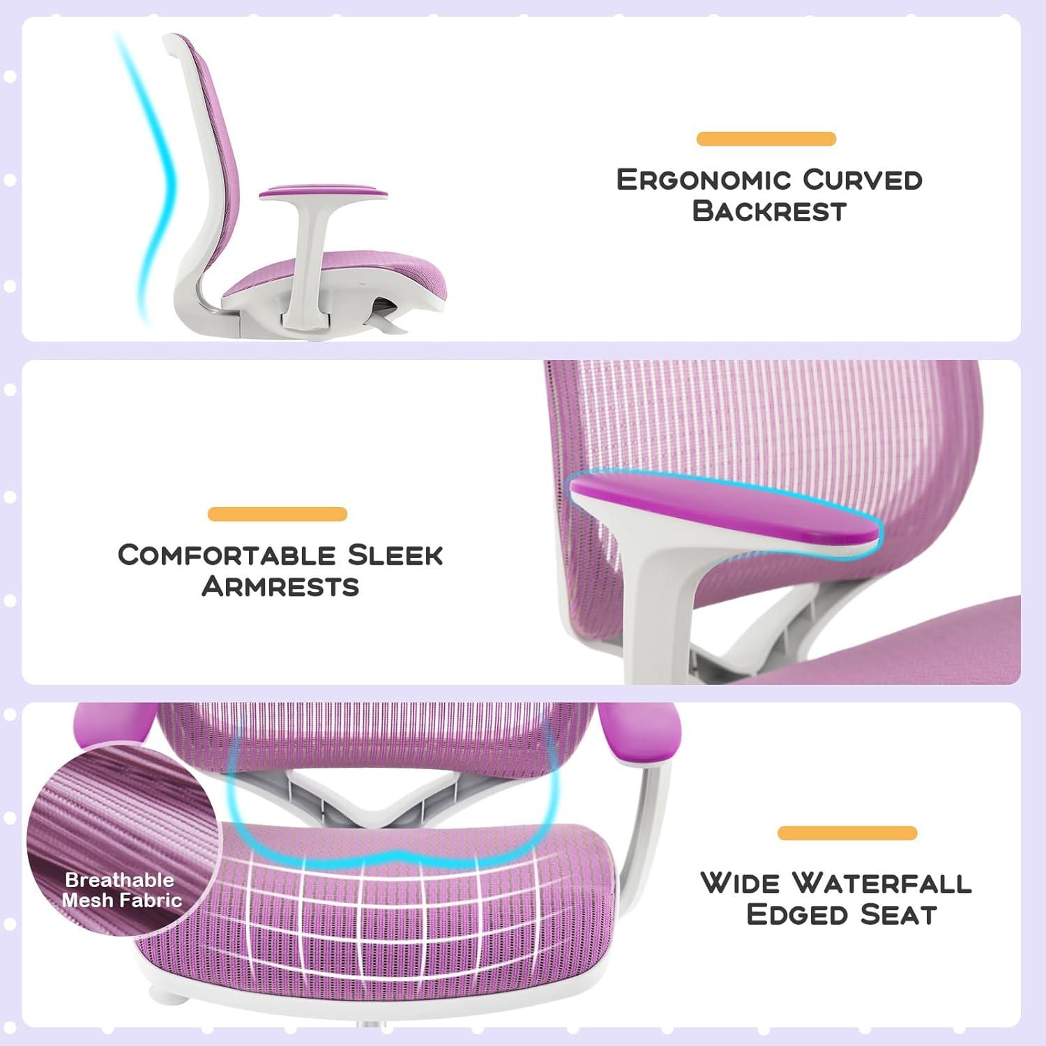 image:imageGiantex Kids Desk Chair Children Armrest Computer Chair with SitLock Wheels Ergonomic Kids Office Chair with Waterfall Seat Rolling Swivel Mesh Study Desk Chair for Girls Boys PurplePurple