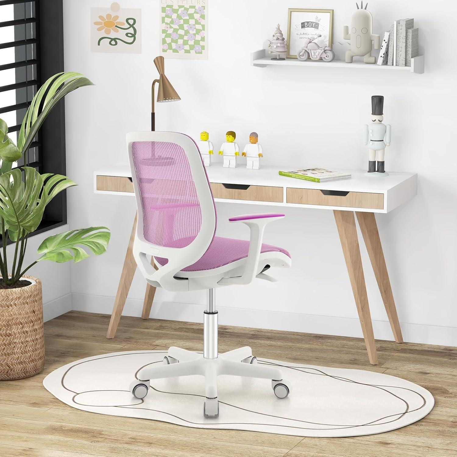 image:imageGiantex Kids Desk Chair Children Armrest Computer Chair with SitLock Wheels Ergonomic Kids Office Chair with Waterfall Seat Rolling Swivel Mesh Study Desk Chair for Girls Boys PurplePurple