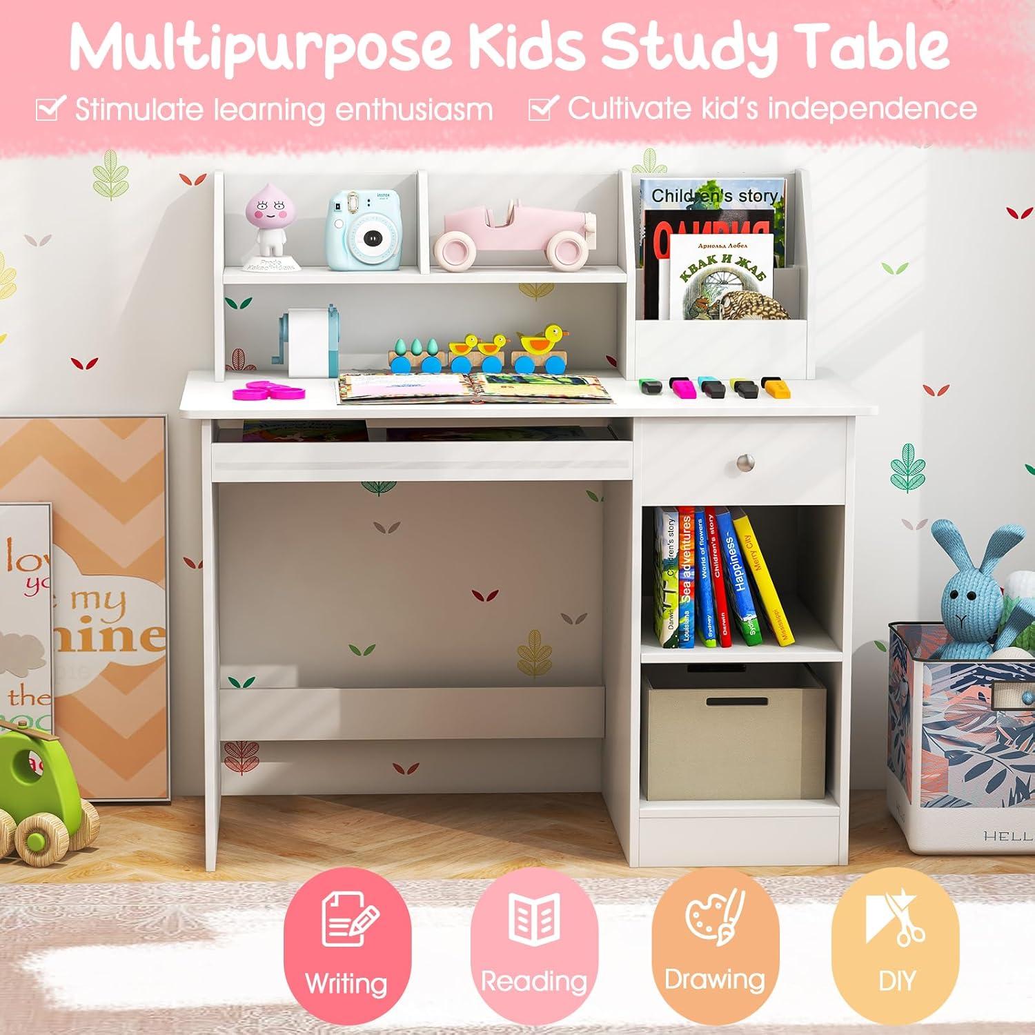 image:imageGiantex Kids Study Desk Children Wooden Writing Table with Hutch Bookshelf Drawer Keyboard Tray Storage Shelves White Student Computer Desk Workstation for Home School Use Gift for Boys Girls