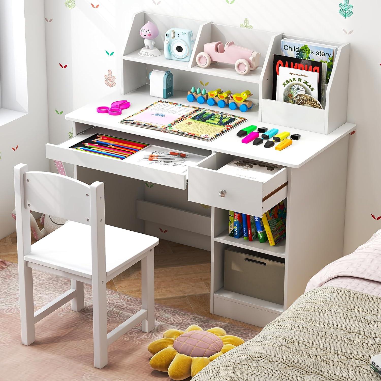 image:imageGiantex Kids Study Desk Children Wooden Writing Table with Hutch Bookshelf Drawer Keyboard Tray Storage Shelves White Student Computer Desk Workstation for Home School Use Gift for Boys Girls