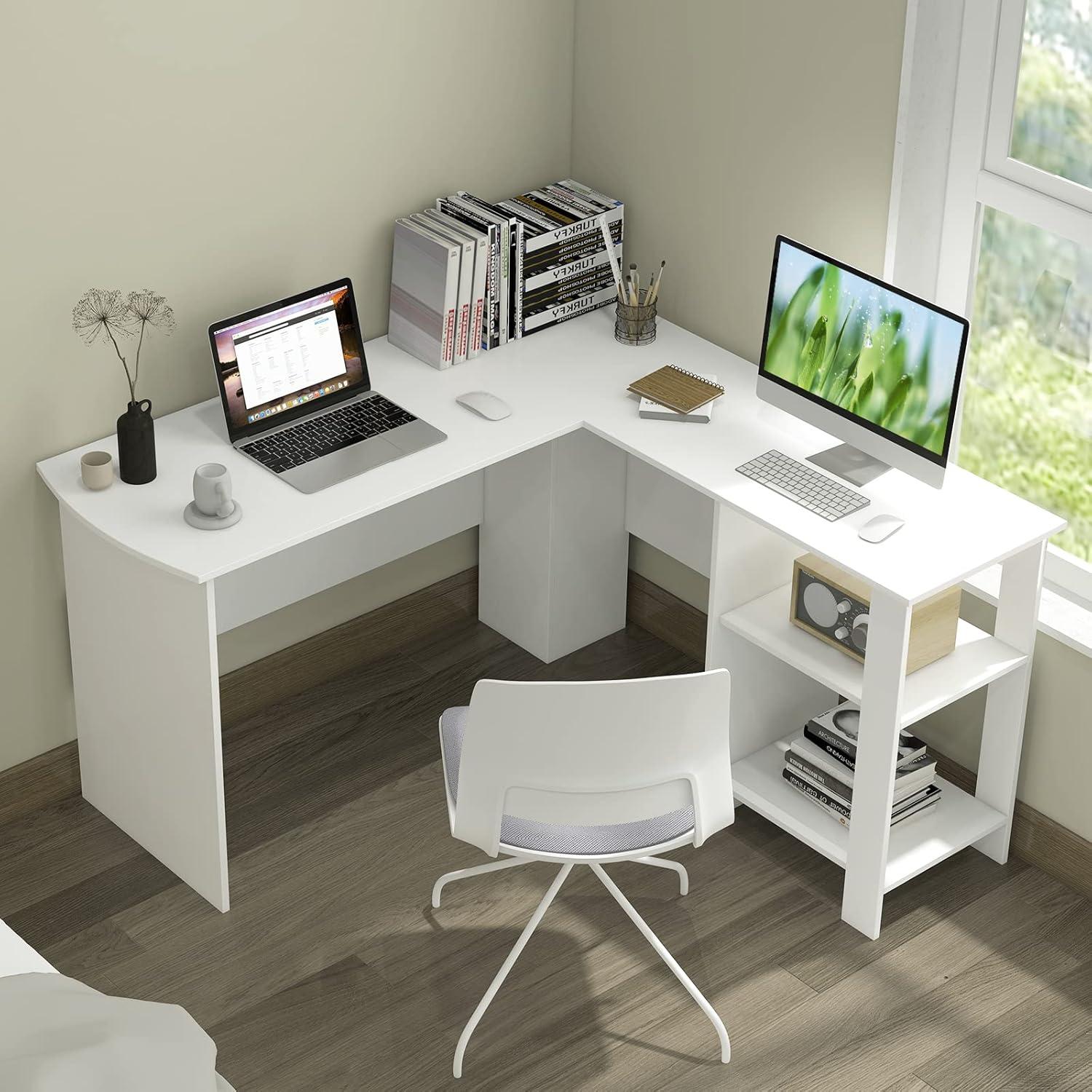 image:imageGiantex L Shaped Computer Desk 51 Large Corner Desk with 2 Cable Holes amp 2 Storage Shelves Modern Office Gaming Table Writing Study Workstation with CPU Stand for Home Office WhiteWhite