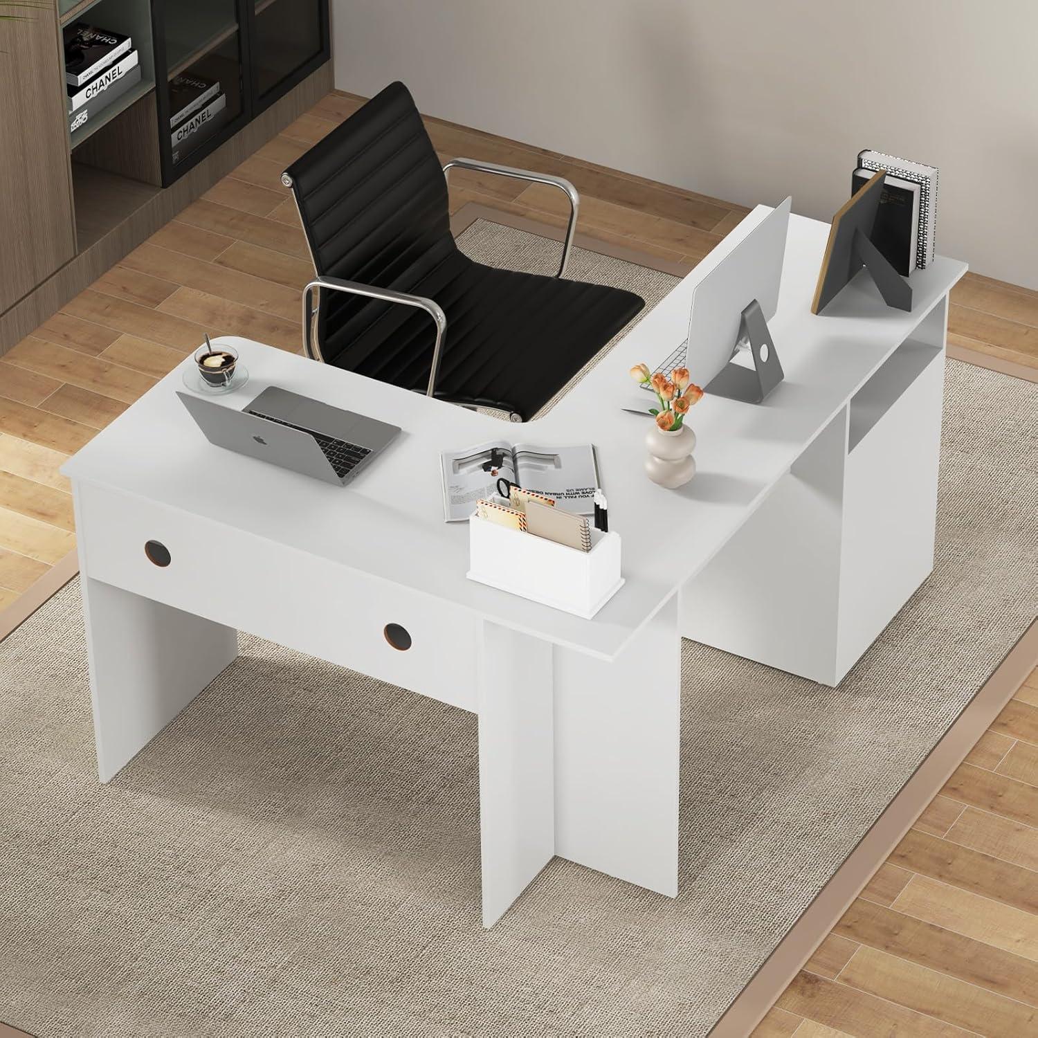 image:imageGiantex L Shaped Computer Desk with Drawers 59 Corner Desk Workstation with Storage Shelf amp Cable Holes Large Executive Office Desk Modern Study Writing Table for Home Office WhiteWhite