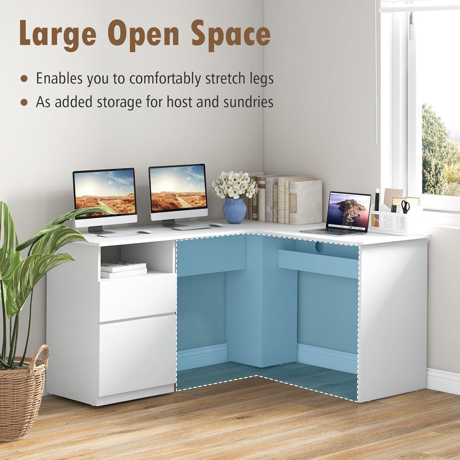 image:imageGiantex L Shaped Computer Desk with Drawers 59 Corner Desk Workstation with Storage Shelf amp Cable Holes Large Executive Office Desk Modern Study Writing Table for Home Office WhiteWhite
