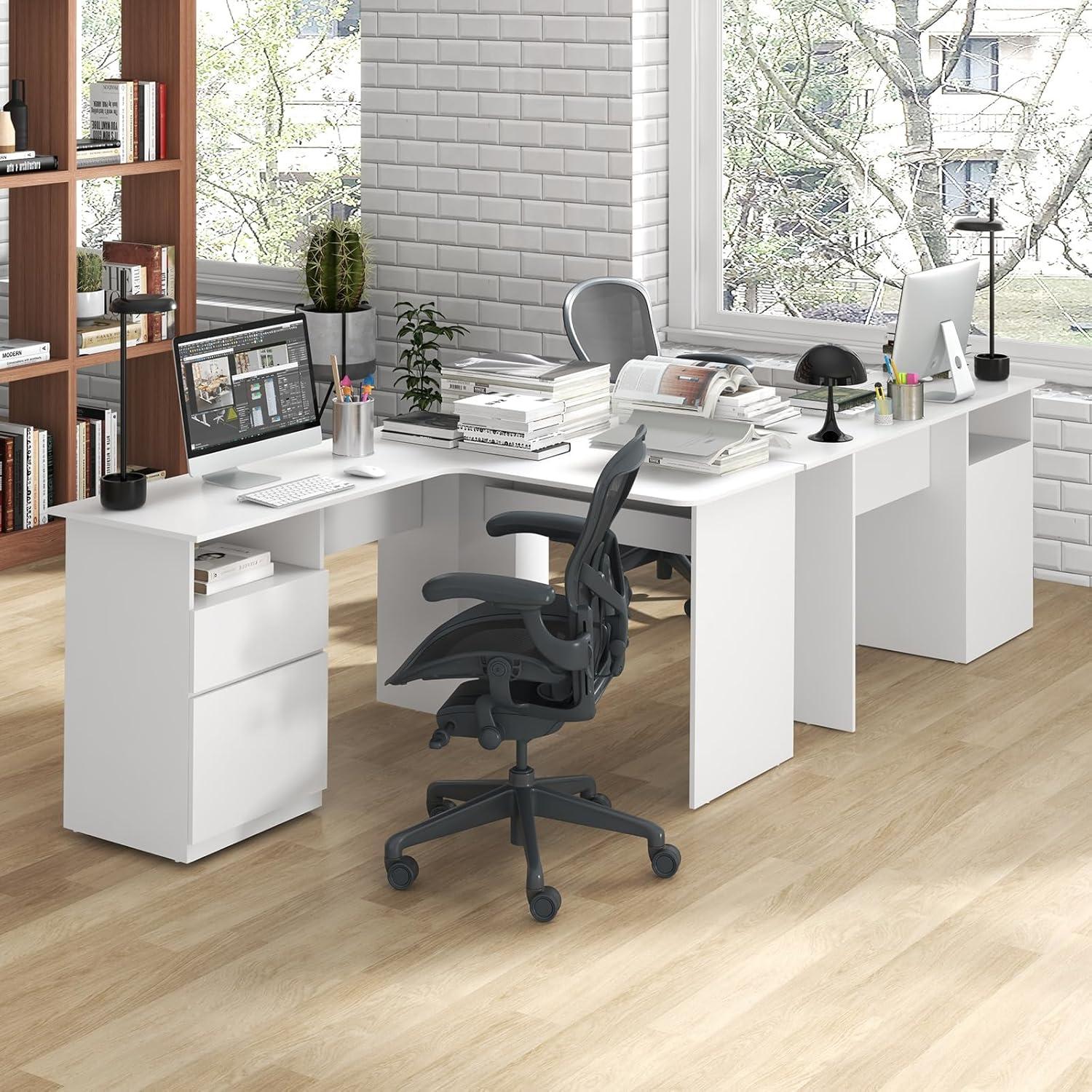 image:imageGiantex L Shaped Computer Desk with Drawers 59 Corner Desk Workstation with Storage Shelf amp Cable Holes Large Executive Office Desk Modern Study Writing Table for Home Office WhiteWhite