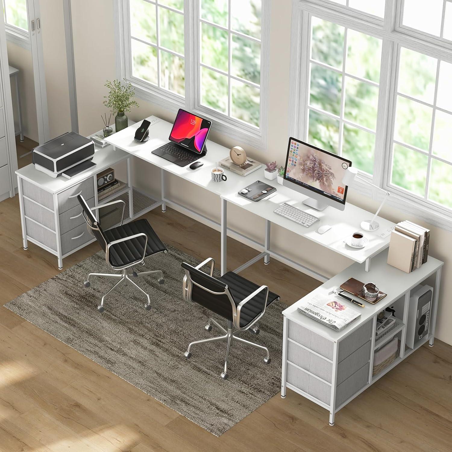 image:imageGiantex L Shaped Computer Desk with Drawers 81 Convertible Corner Desk with Charging Station and Storage Shelves Study Writing Desk Modern Long Corner Gaming Table for Home Office BlackWhite