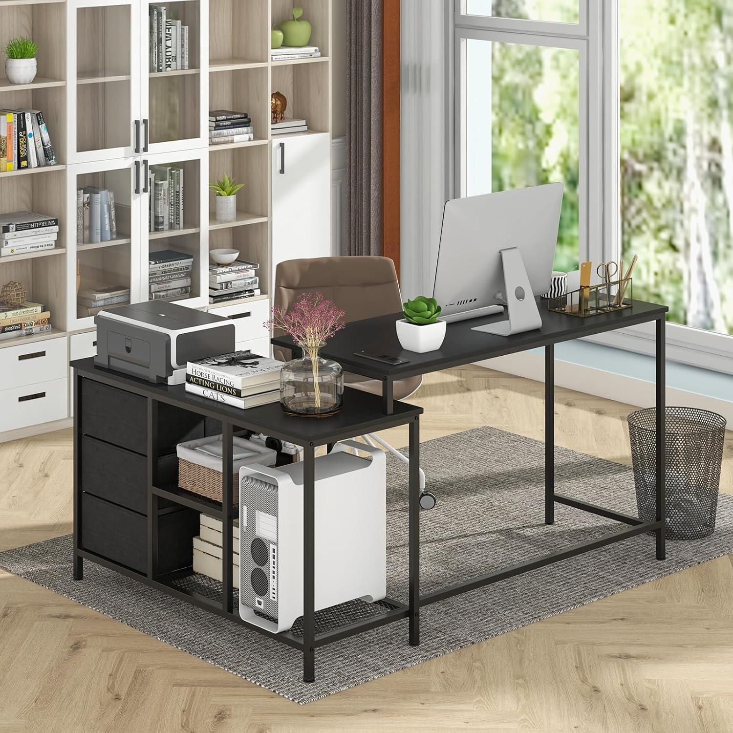 image:imageGiantex L Shaped Computer Desk with Drawers 81 Convertible Corner Desk with Charging Station and Storage Shelves Study Writing Desk Modern Long Corner Gaming Table for Home Office BlackBlack