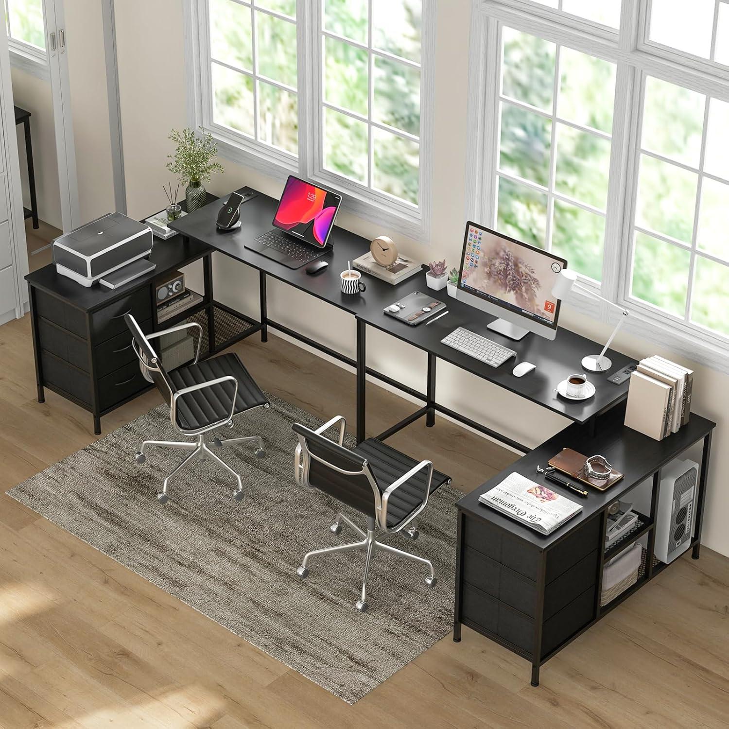 image:imageGiantex L Shaped Computer Desk with Drawers 81 Convertible Corner Desk with Charging Station and Storage Shelves Study Writing Desk Modern Long Corner Gaming Table for Home Office BlackBlack