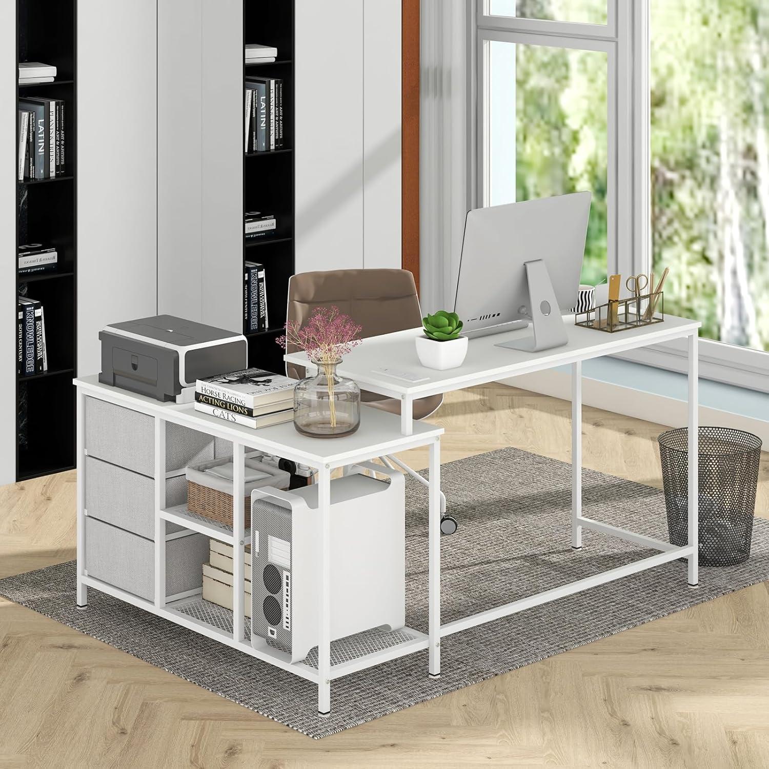 image:imageGiantex L Shaped Computer Desk with Drawers 81 Convertible Corner Desk with Charging Station and Storage Shelves Study Writing Desk Modern Long Corner Gaming Table for Home Office BlackWhite