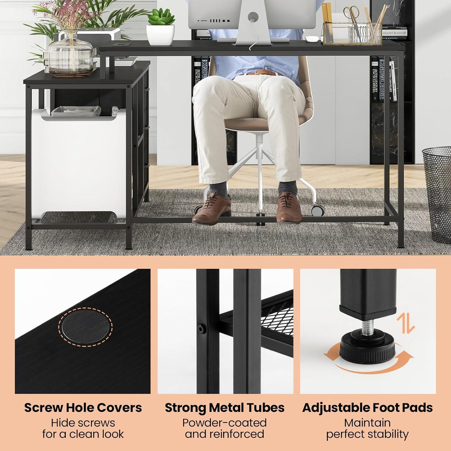 image:imageGiantex L Shaped Computer Desk with Drawers 81 Convertible Corner Desk with Charging Station and Storage Shelves Study Writing Desk Modern Long Corner Gaming Table for Home Office BlackBlack