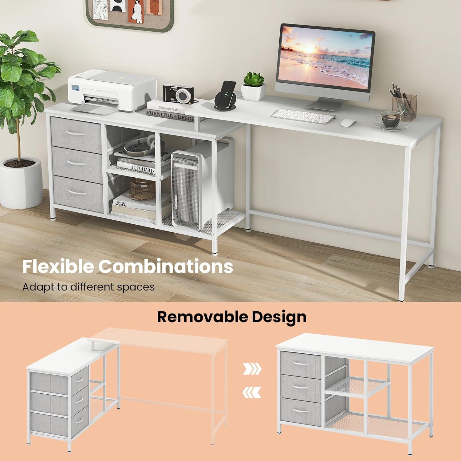 image:imageGiantex L Shaped Computer Desk with Drawers 81 Convertible Corner Desk with Charging Station and Storage Shelves Study Writing Desk Modern Long Corner Gaming Table for Home Office BlackWhite