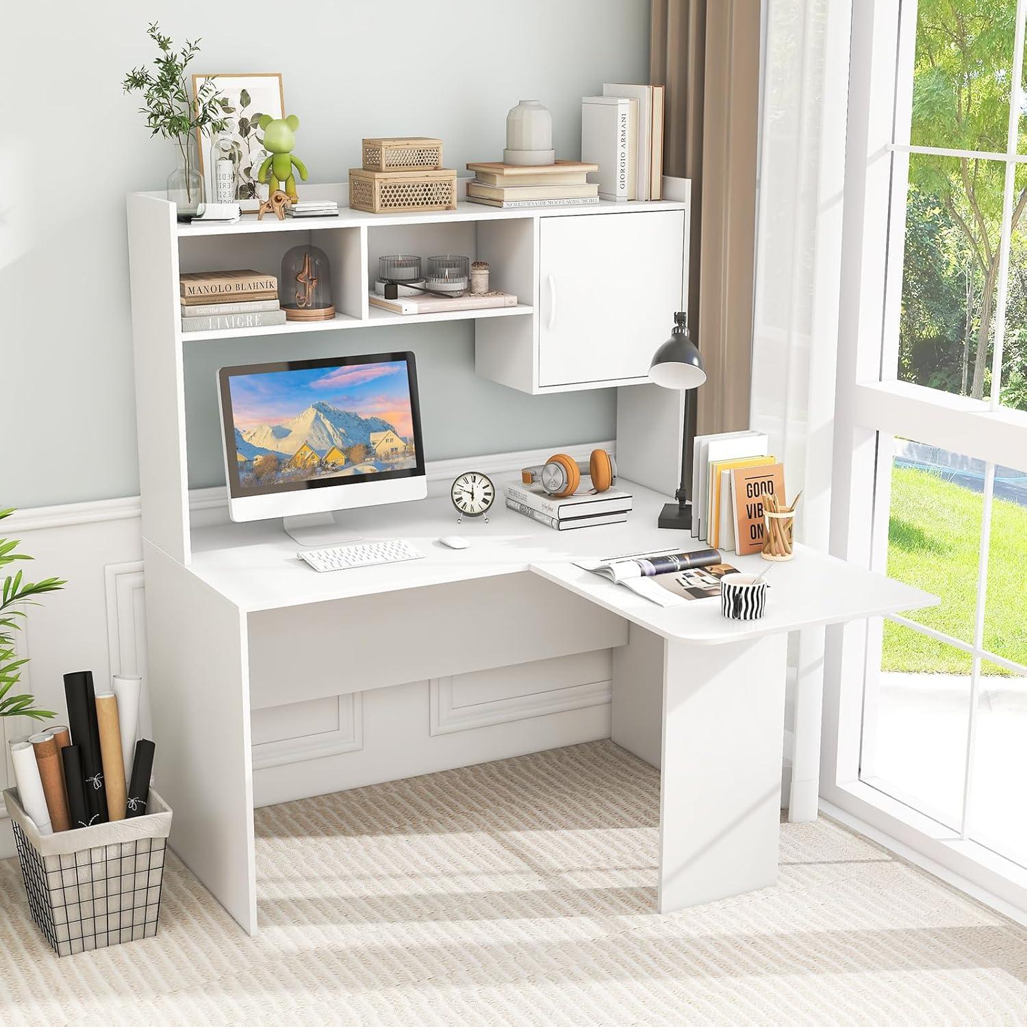 image:imageGiantex L Shaped Desk with Hutch White Corner Desk with Storage Shelf amp Cabinet Laptop PC Table Gaming Computer Table Workstation Modern Executive Study Writing Desk for Home Office Bedroom