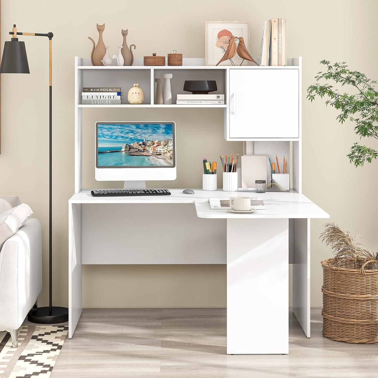 image:imageGiantex L Shaped Desk with Hutch White Corner Desk with Storage Shelf amp Cabinet Laptop PC Table Gaming Computer Table Workstation Modern Executive Study Writing Desk for Home Office Bedroom