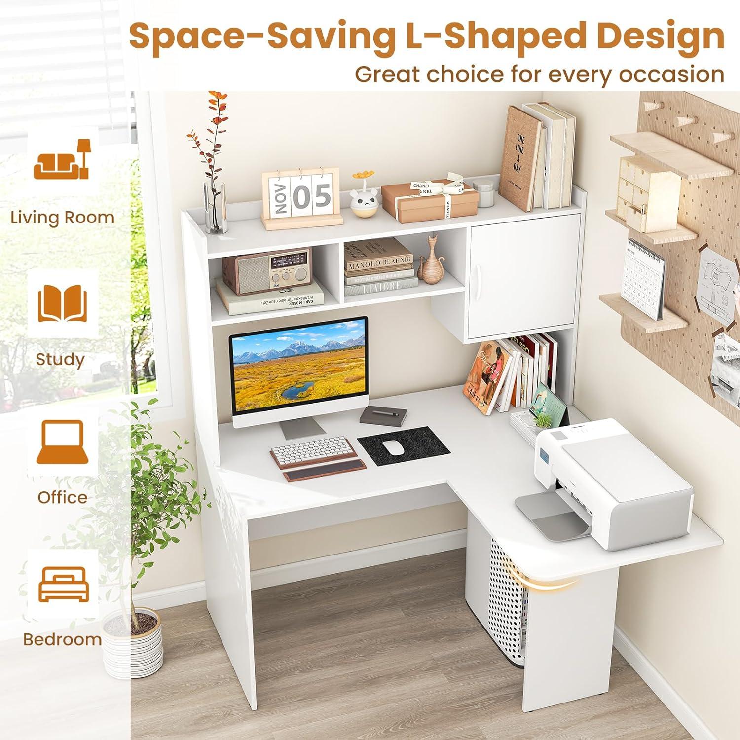 image:imageGiantex L Shaped Desk with Hutch White Corner Desk with Storage Shelf amp Cabinet Laptop PC Table Gaming Computer Table Workstation Modern Executive Study Writing Desk for Home Office Bedroom