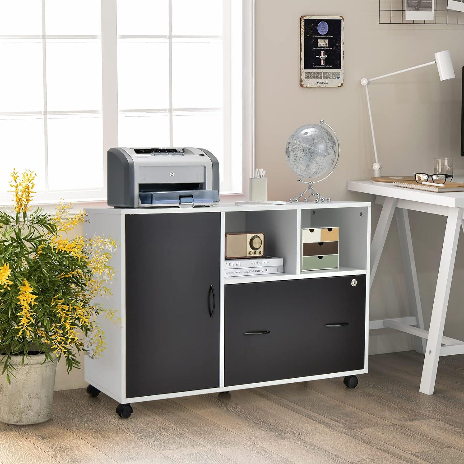 image:imageGiantex Lateral File Cabinet Mobile Filing Cabinet with Drawer Printer Stand with Open Storage Shelves Wood Organizer for Home and Office A4 Letter and Legal Size White amp BlackCurved Knob