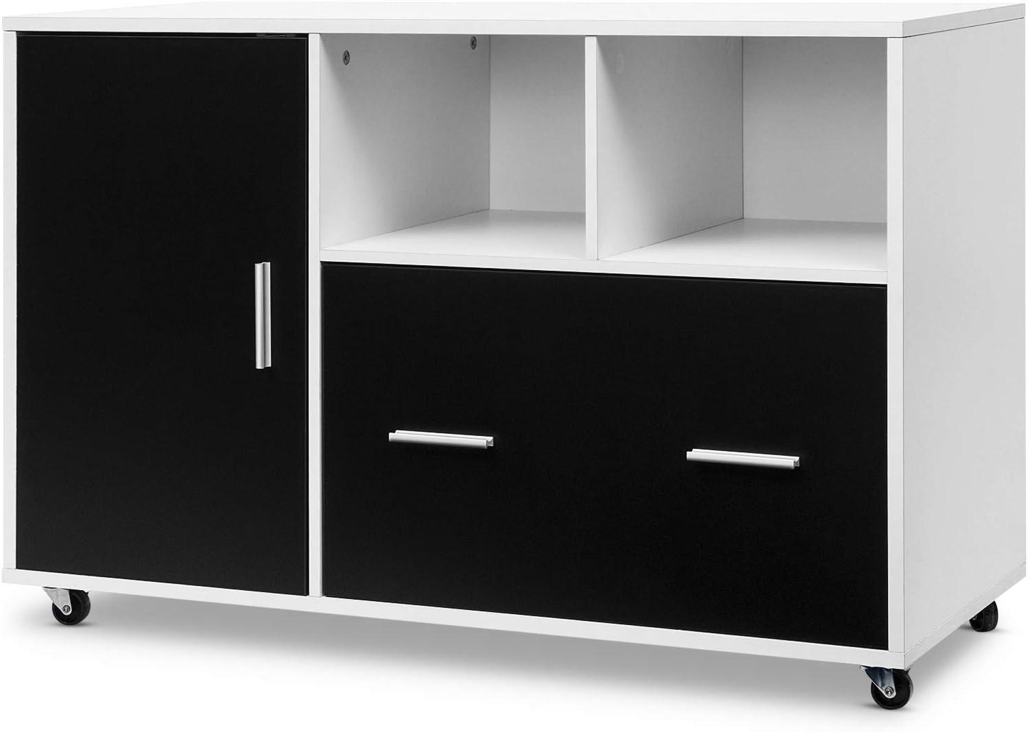 image:imageGiantex Lateral File Cabinet Mobile Filing Cabinet with Drawer Printer Stand with Open Storage Shelves Wood Organizer for Home and Office A4 Letter and Legal Size White amp BlackStraight Knob