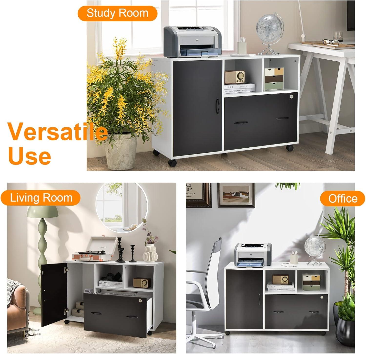 image:imageGiantex Lateral File Cabinet Mobile Filing Cabinet with Drawer Printer Stand with Open Storage Shelves Wood Organizer for Home and Office A4 Letter and Legal Size White amp BlackCurved Knob