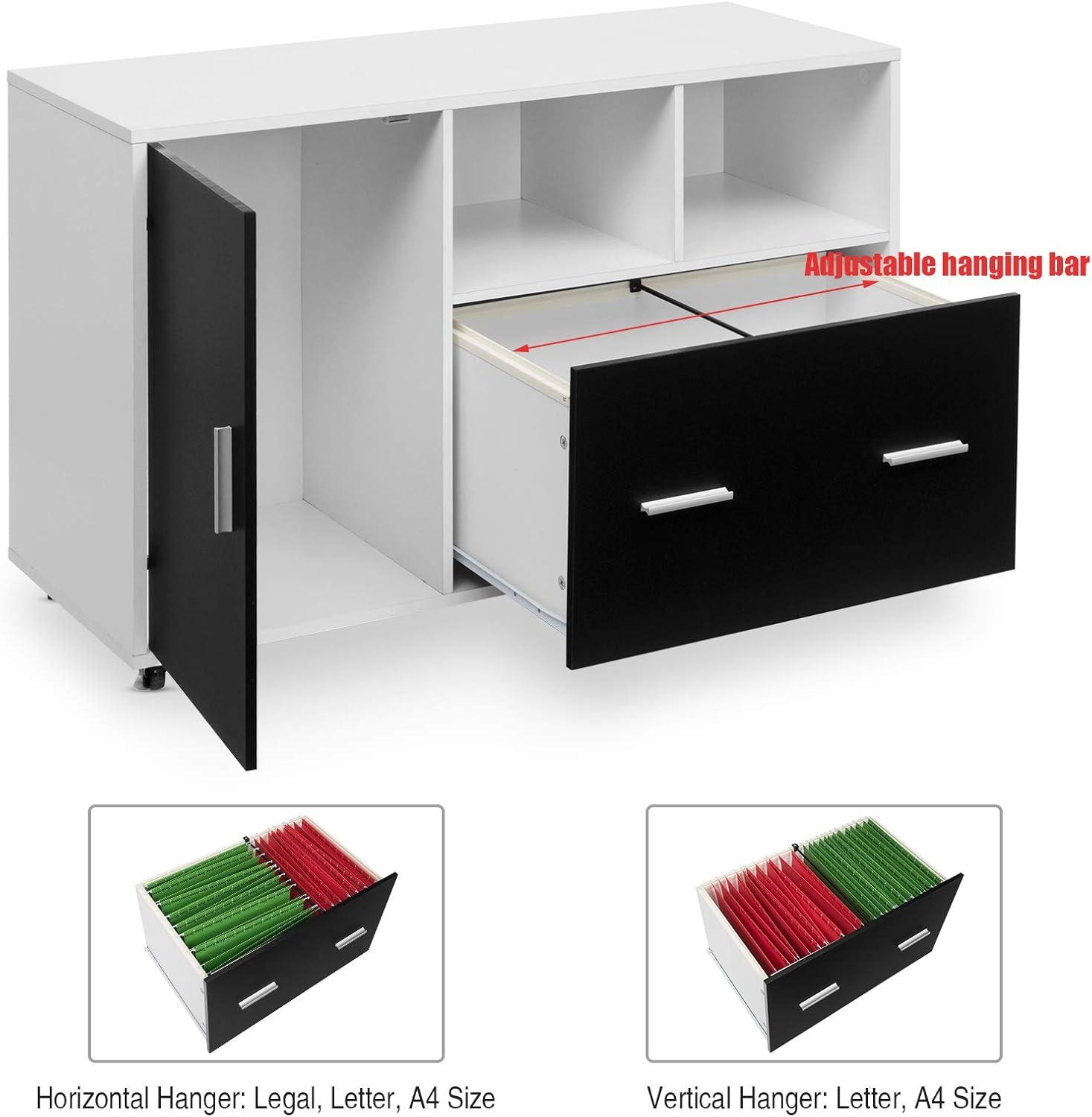 image:imageGiantex Lateral File Cabinet Mobile Filing Cabinet with Drawer Printer Stand with Open Storage Shelves Wood Organizer for Home and Office A4 Letter and Legal Size White amp BlackStraight Knob