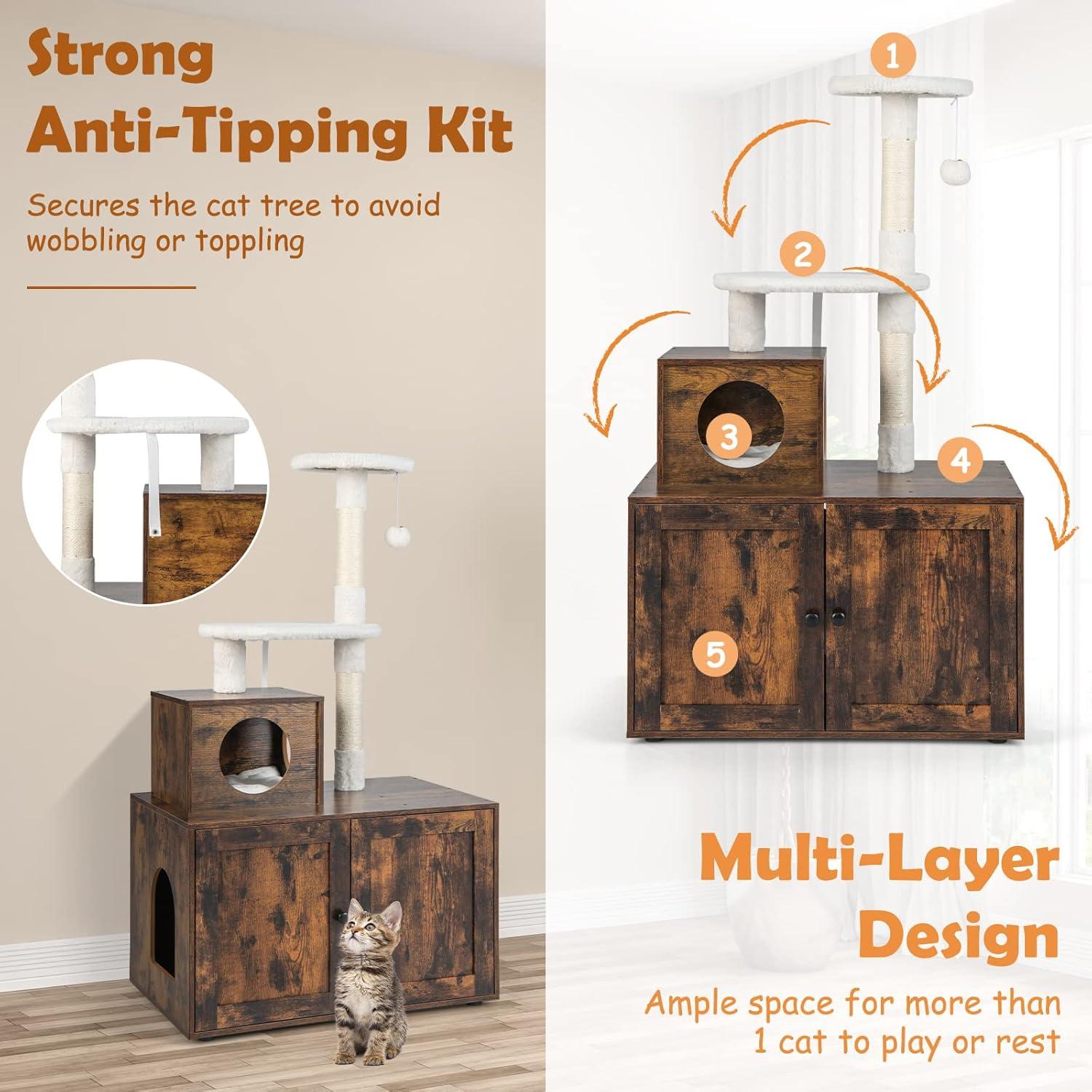 image:imageGiantex Litter Box Enclosure with Cat Tree Cat Washroom Hidden Furniture with Cat Tower Scratching Posts Cat Condo Jingling Ball Air Vents Wooden Pet Crate House Rustic BrownRustic Brown