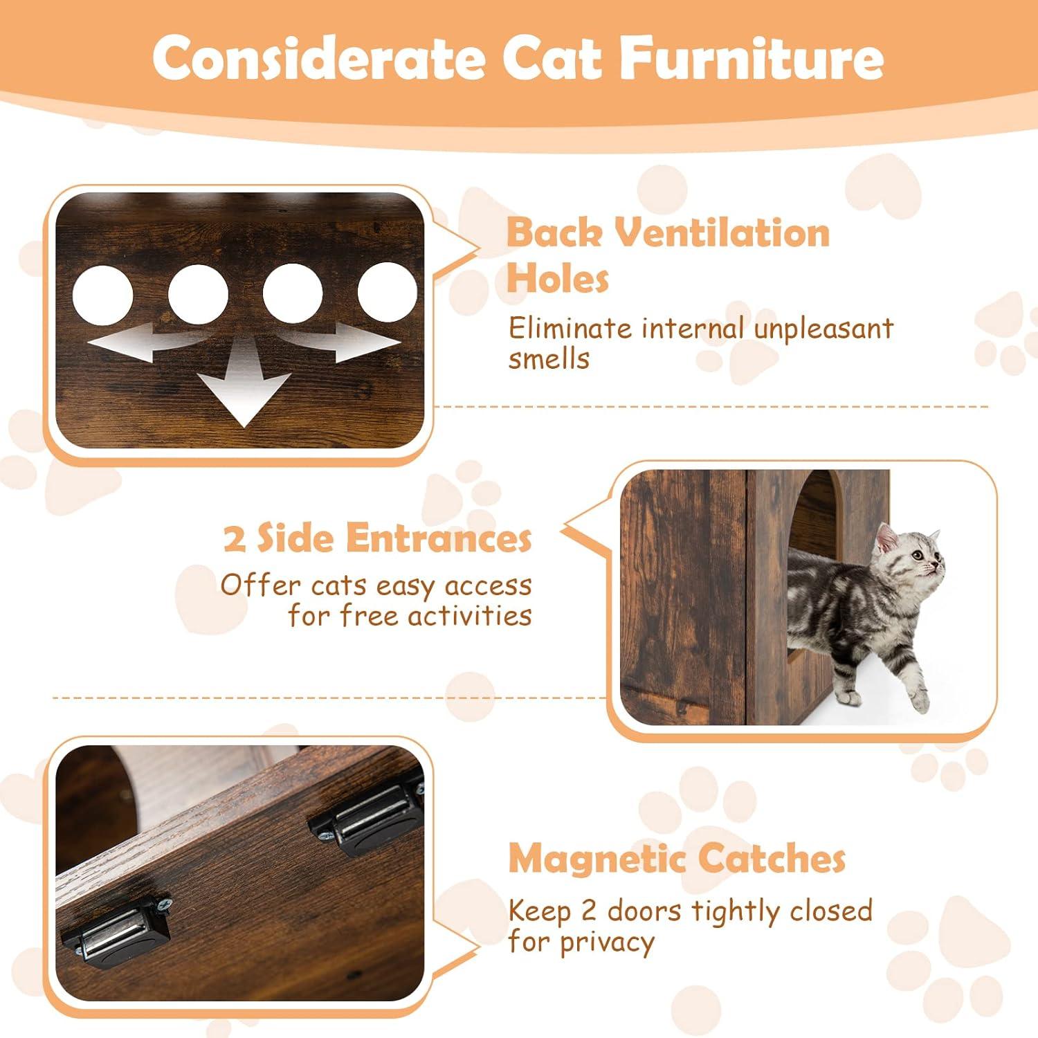 image:imageGiantex Litter Box Enclosure with Cat Tree Cat Washroom Hidden Furniture with Cat Tower Scratching Posts Cat Condo Jingling Ball Air Vents Wooden Pet Crate House Rustic BrownRustic Brown