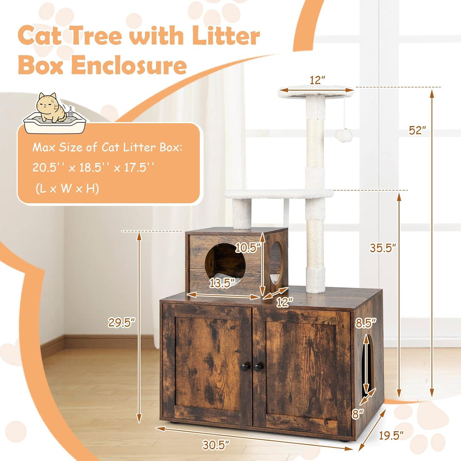 image:imageGiantex Litter Box Enclosure with Cat Tree Cat Washroom Hidden Furniture with Cat Tower Scratching Posts Cat Condo Jingling Ball Air Vents Wooden Pet Crate House Rustic BrownRustic Brown