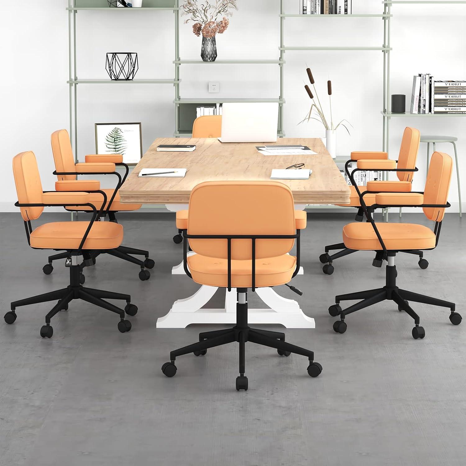 image:imageGiantex Mid Century Leather Office Chair Orange Height Adjustable Desk Chair with Rocking Backrest amp Padded Armrest Upholstered Swivel Leisure Task Chair Modern Rolling Chair for Home Office