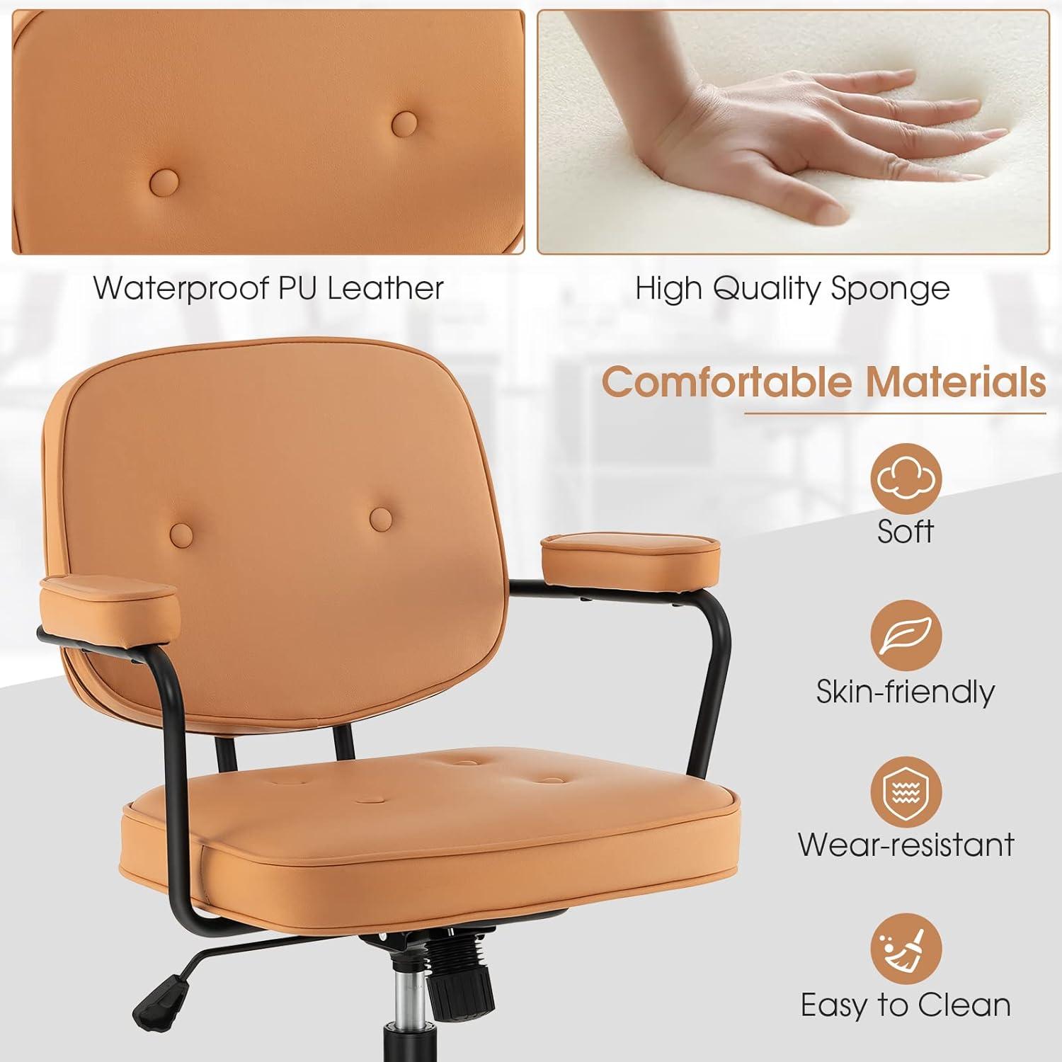 image:imageGiantex Mid Century Leather Office Chair Orange Height Adjustable Desk Chair with Rocking Backrest amp Padded Armrest Upholstered Swivel Leisure Task Chair Modern Rolling Chair for Home Office