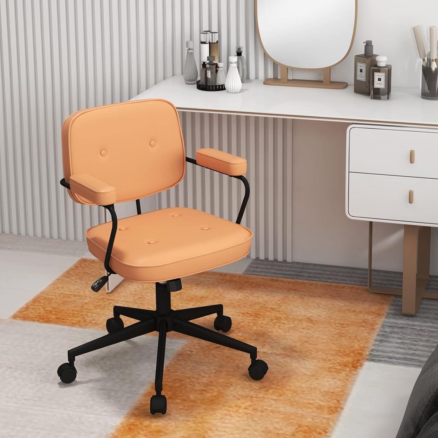 image:imageGiantex Mid Century Leather Office Chair Orange Height Adjustable Desk Chair with Rocking Backrest amp Padded Armrest Upholstered Swivel Leisure Task Chair Modern Rolling Chair for Home Office