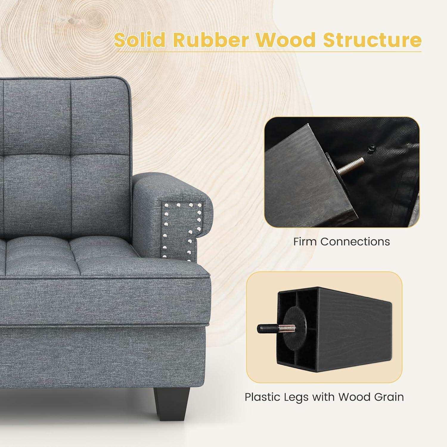 image:imageGiantex Mid Century Modern Accent Chair Tufted Linen Single Sofa Chair with Thick Pillow amp Cushion Solid Rubber Wood Structure Studded Upholstered Reading Arm Chair for Living Room Bedroom GreyGrey