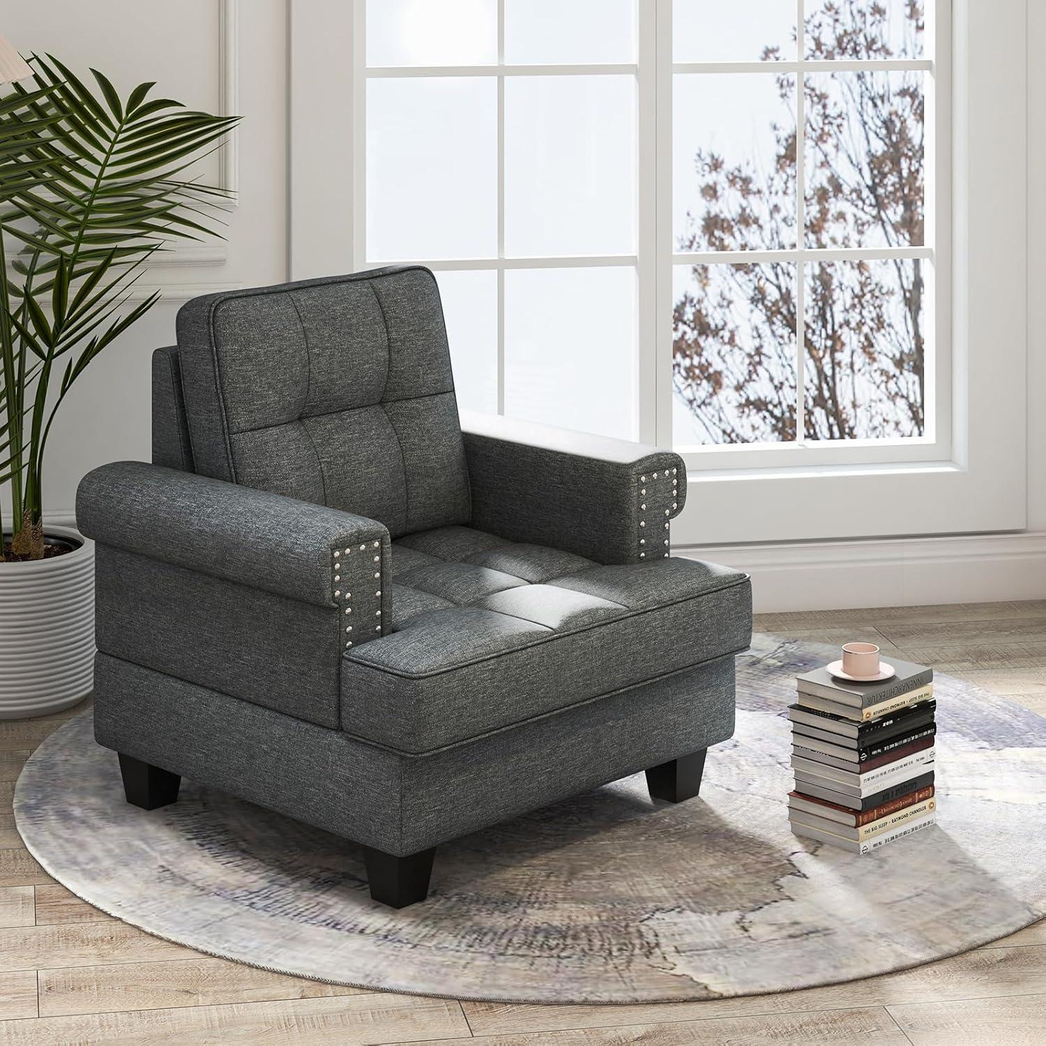 image:imageGiantex Mid Century Modern Accent Chair Tufted Linen Single Sofa Chair with Thick Pillow amp Cushion Solid Rubber Wood Structure Studded Upholstered Reading Arm Chair for Living Room Bedroom GreyGrey