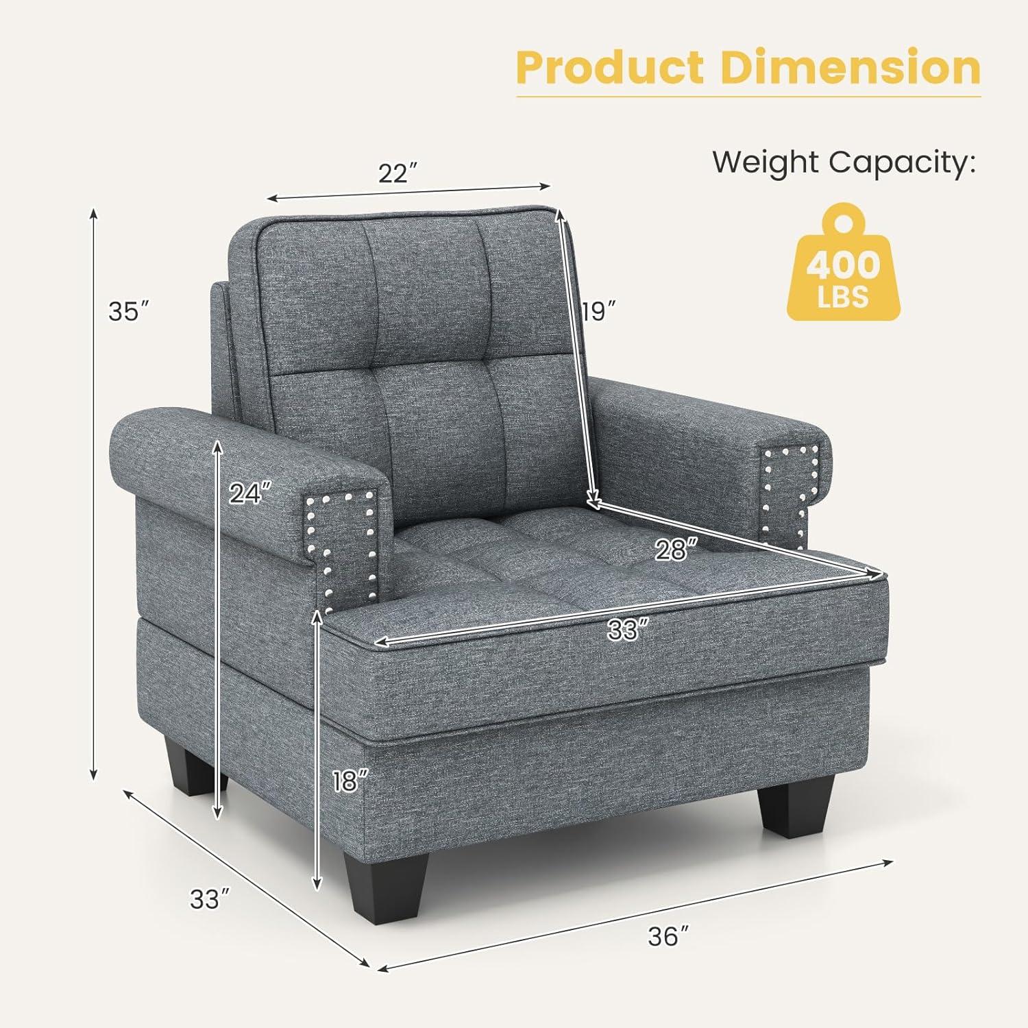 image:imageGiantex Mid Century Modern Accent Chair Tufted Linen Single Sofa Chair with Thick Pillow amp Cushion Solid Rubber Wood Structure Studded Upholstered Reading Arm Chair for Living Room Bedroom GreyGrey